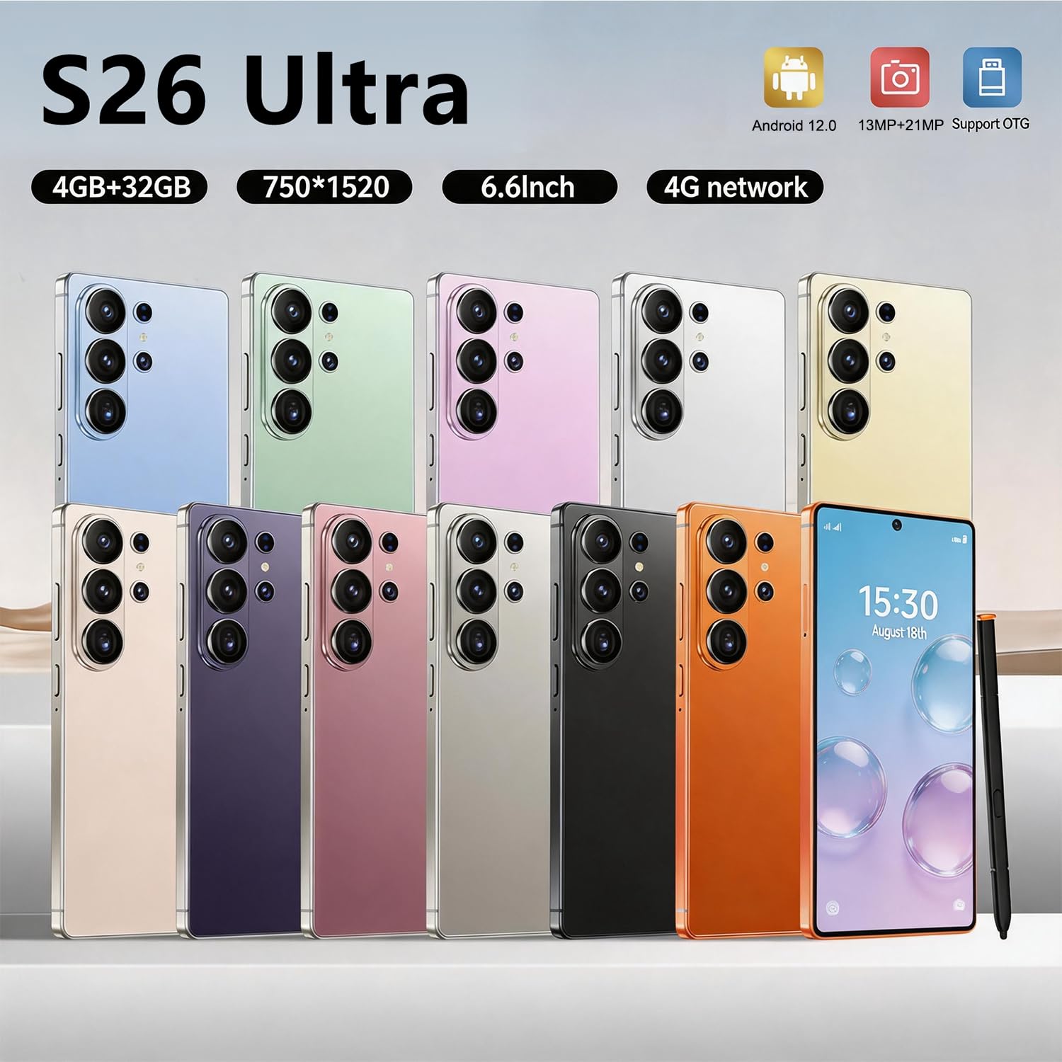 4G Smartphone, 6.6" Écran HD, 4GB+32GB Extensible à 256GB, Caméra 13MP+21MP, Android 12, Déverrouillage Facial/WiFi/GPS/OTG USB/Stylet intégré (Black)