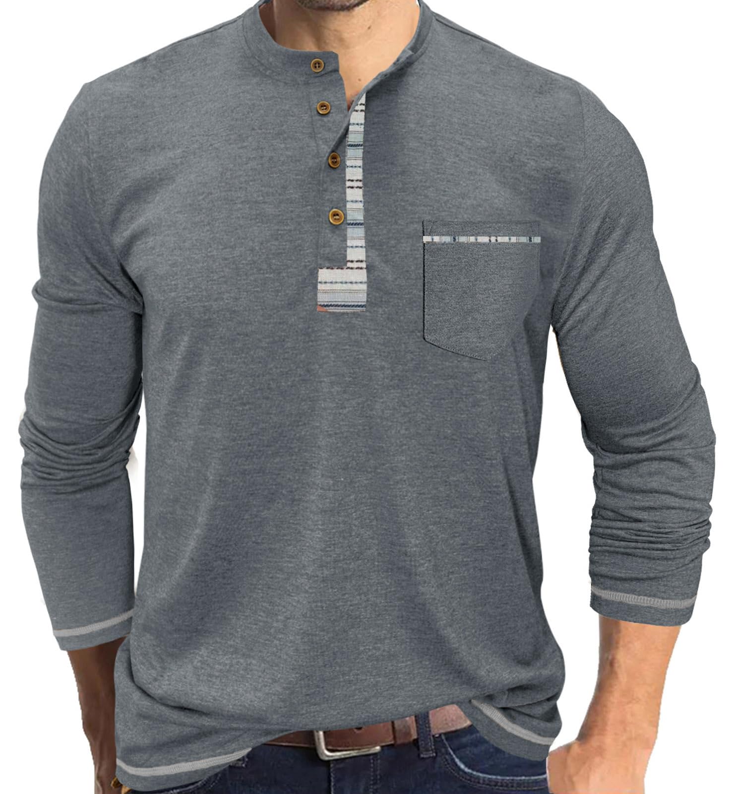 YawYews Herren Langarmshirt Longsleeve Henley Shirt Langarm Tshirt Long Sleeve Longshirt mit Knopfleiste M-3XL