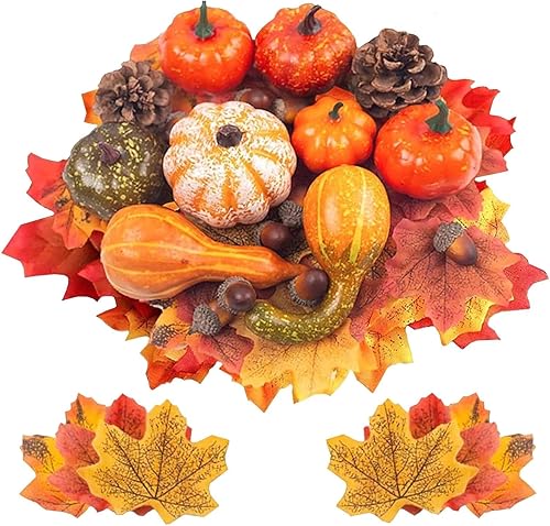 Juego de 50 piezas de decoración de calabaza de otoño, hojas de arce artificiales y bellotas para Halloween, Acción de Gracias