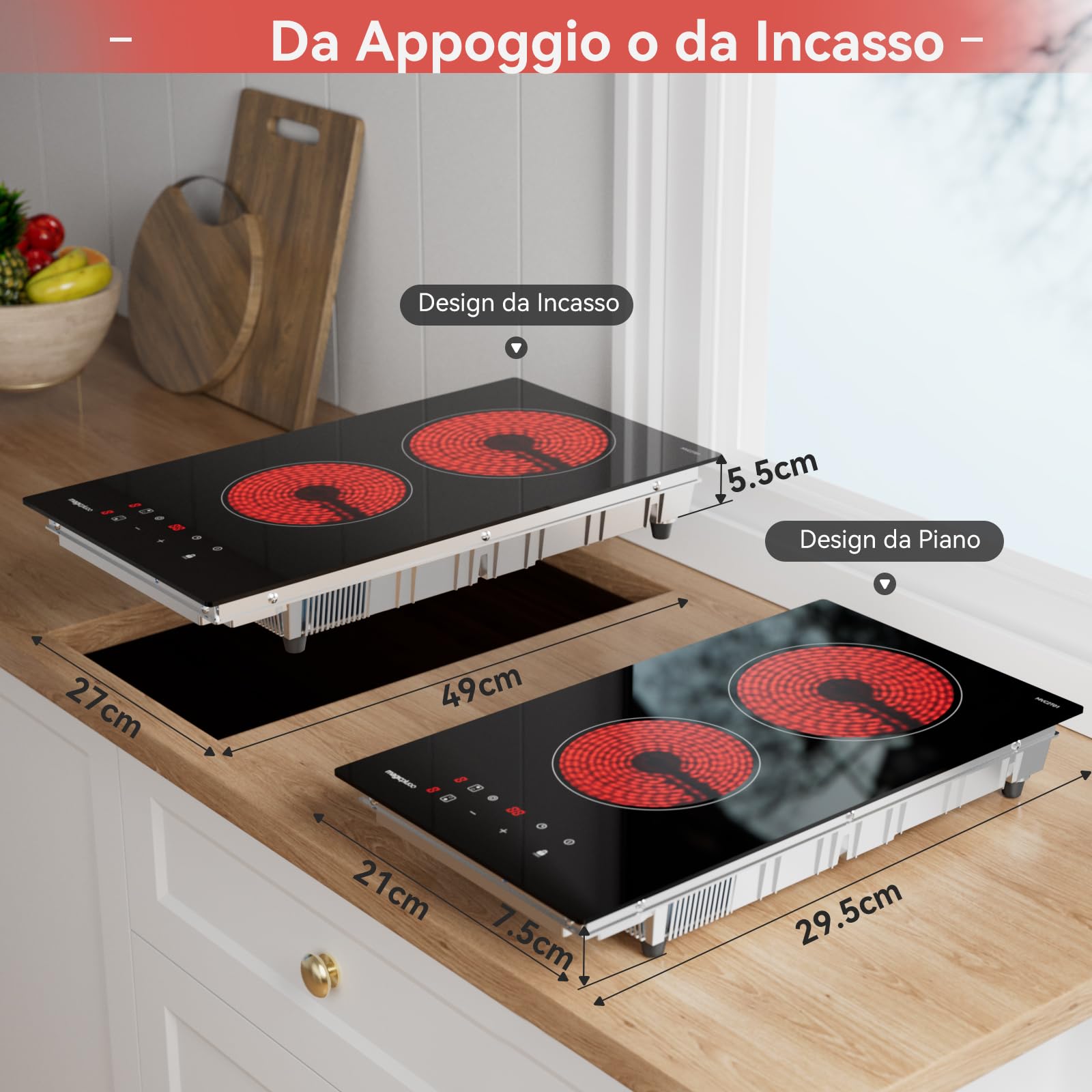 magicplux Piastra Cottura Vetroceramica 2 Zone, 3400 W, 29,5 cm, 9 Livelli di Calore, Controllo Tattile, Blocco Bambini, Timer 1-99 Min, Compatibile con Tutte le Pentole, con Spina