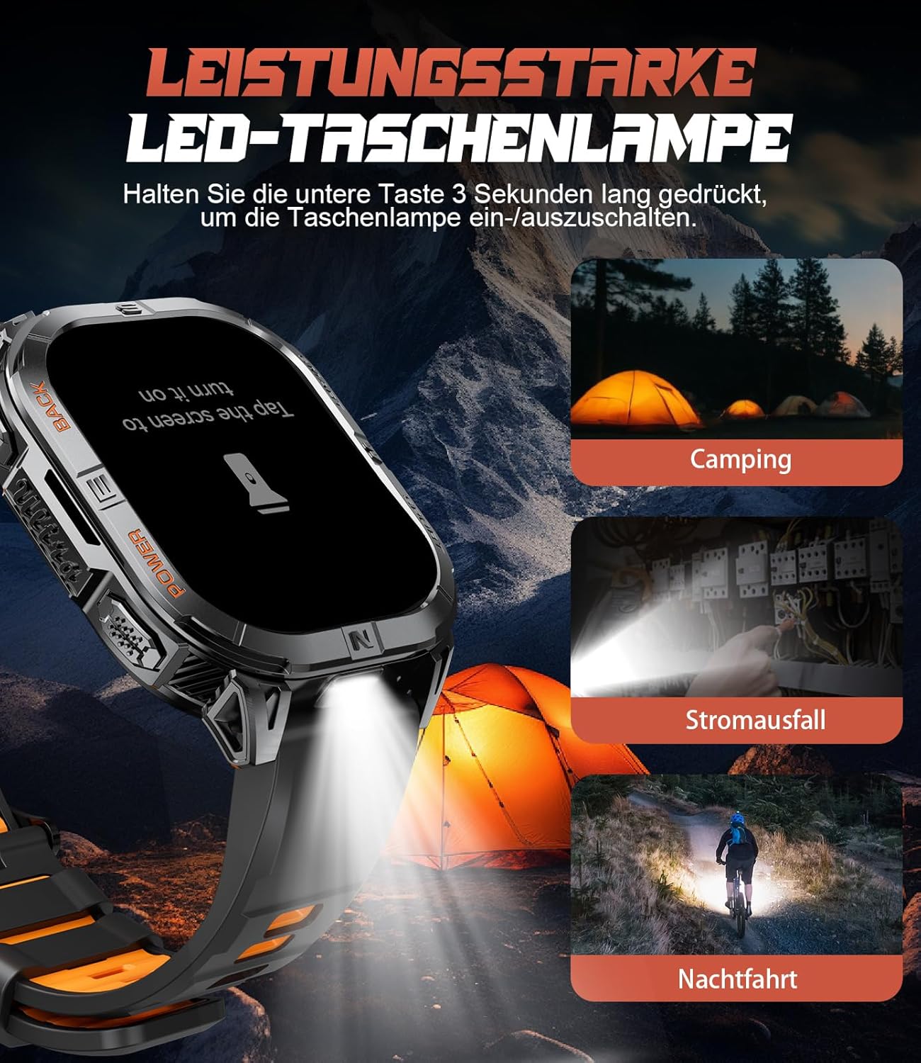 LIGE DM6 Smartwatch with its LED flashlight illuminated, showing scenarios like campجي ، السلطة outage, and night cycling where it can be used.