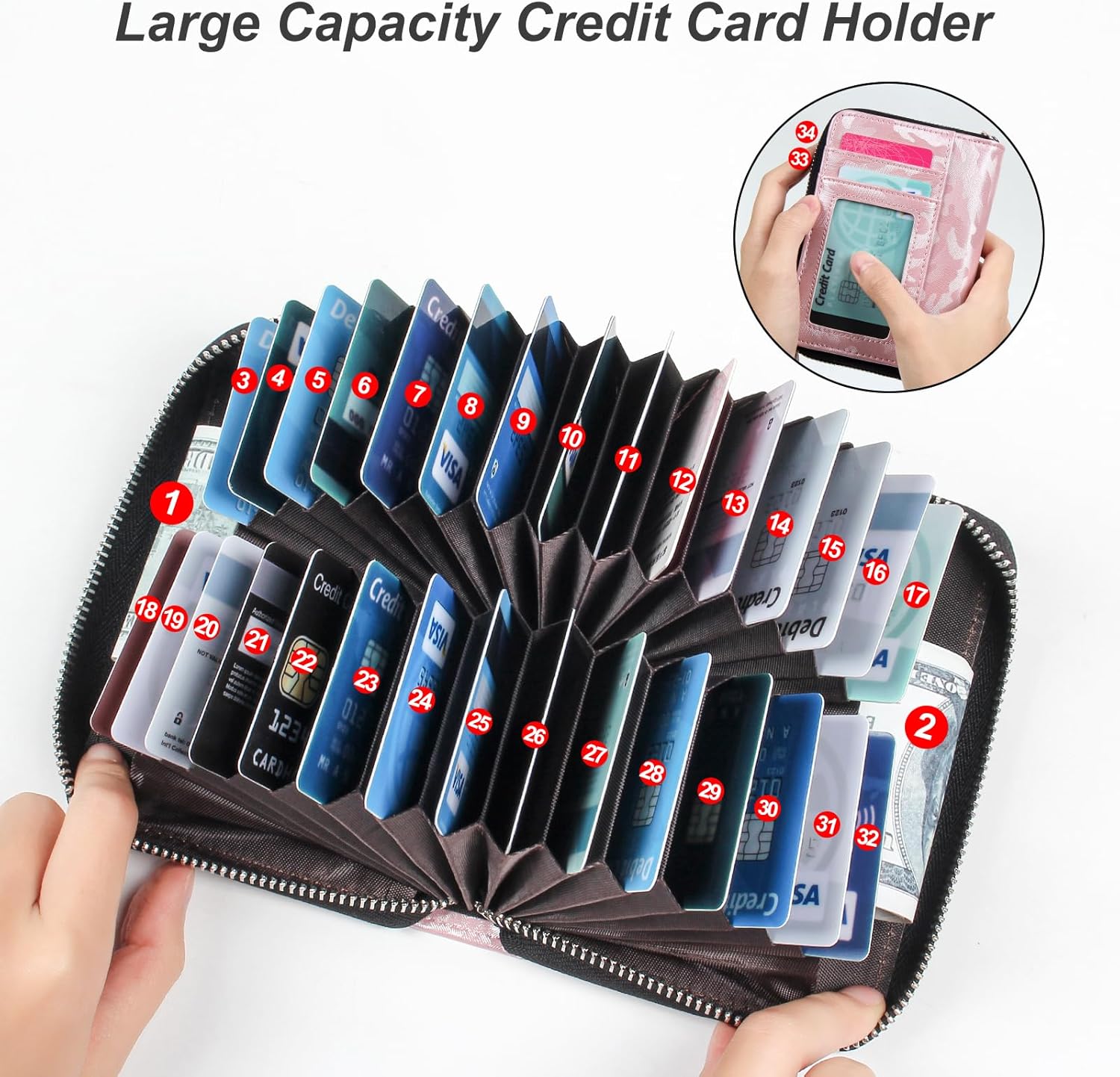 EcoVision RFID Credit Card Holder Wallets for Women Large Storage Space Accordion Zipper Card Case Holder,Leather Organizer Case with Lanyard - Image 3