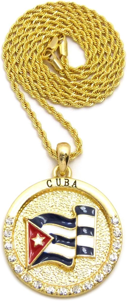ICED Out Cuba Flag Pendant & 24" Box/Cuban/Rope Chain Hip HOP Necklace - XSP561