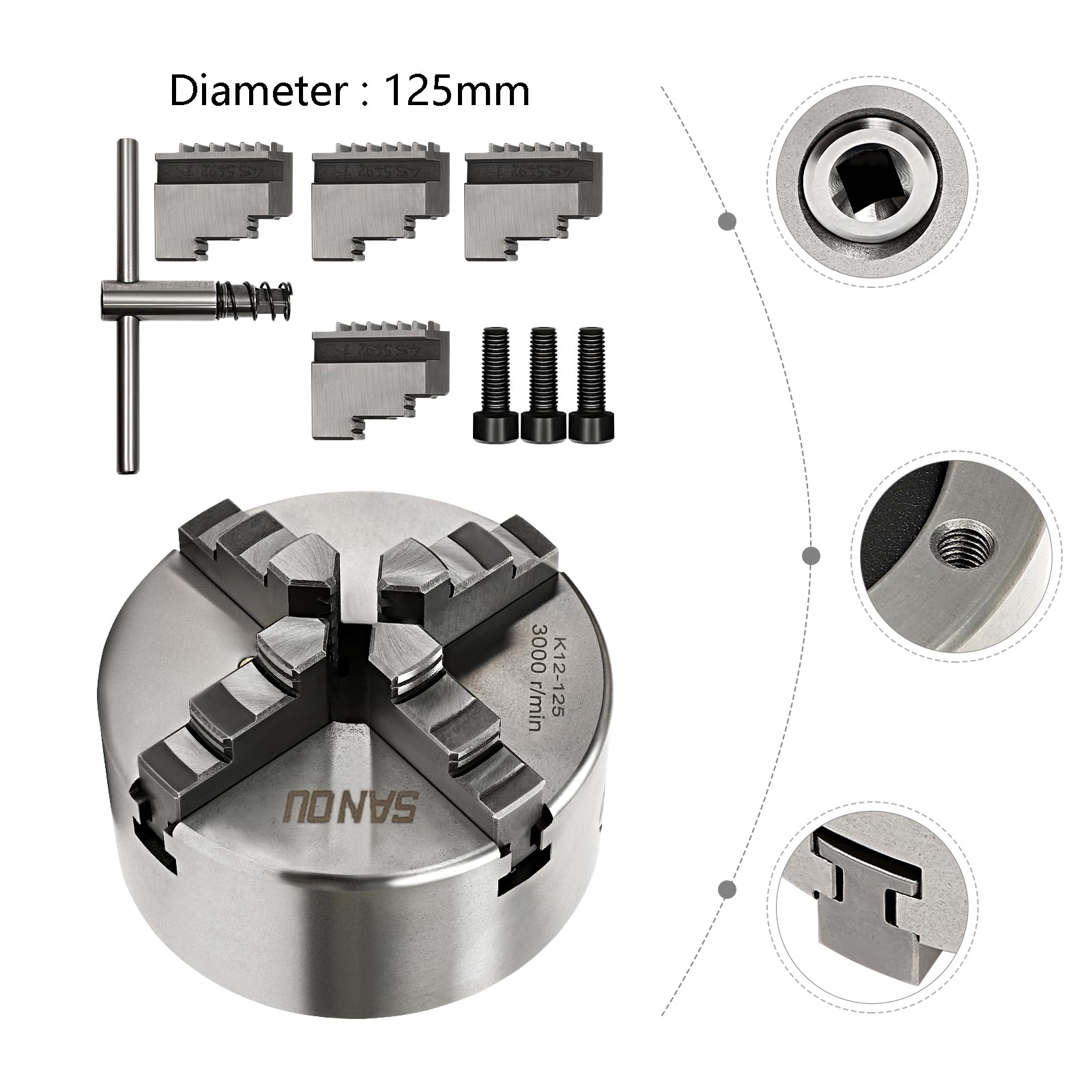 Portabrocas autocentrante de 4 mandíbulas giratorias, 4 mandriles CNC Jaw Chuck para trabajar metales, portabrocas de precisión con mandíbulas interiores y exteriores, acero de hierro de alta calidad