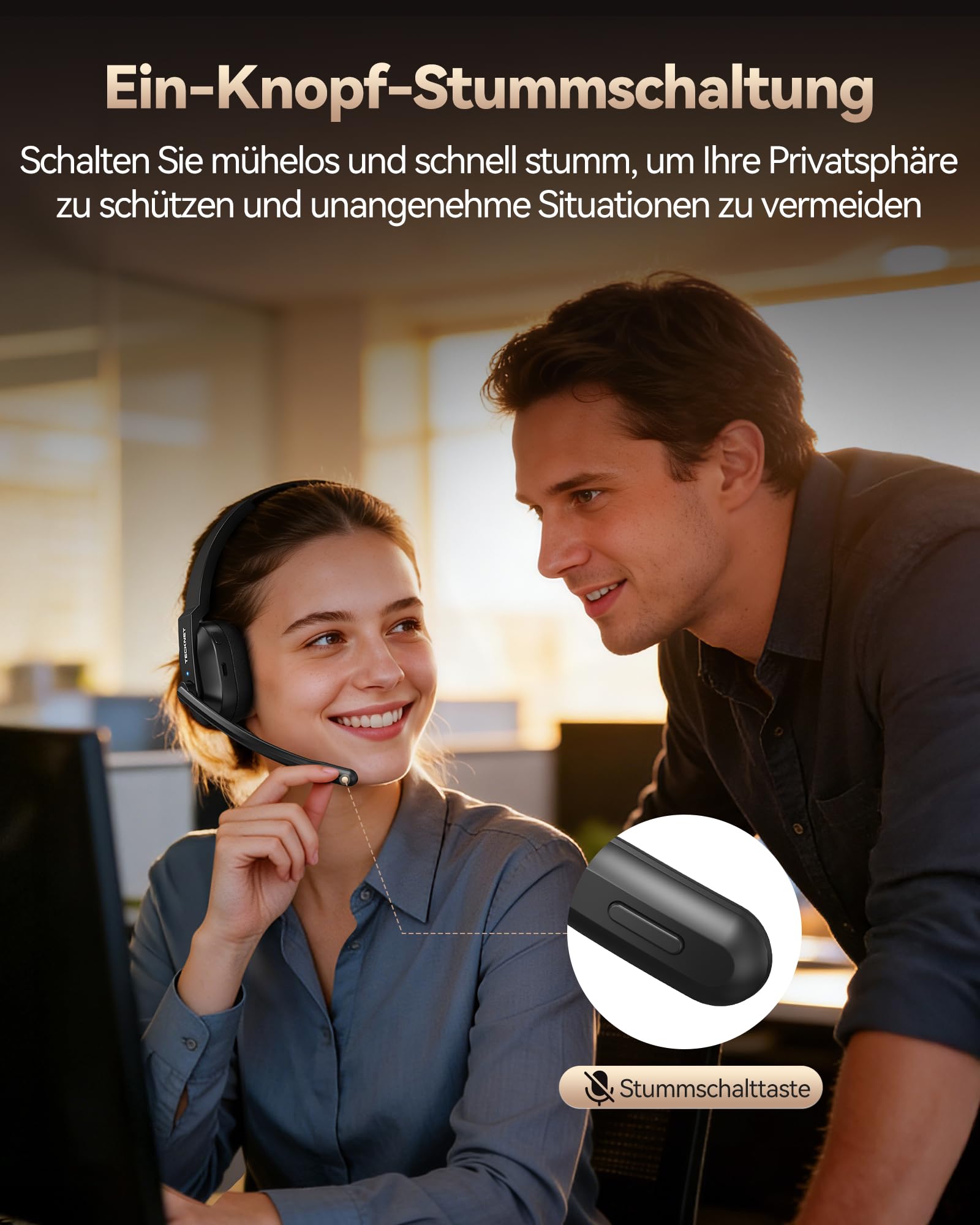 TECKNET V5.2 Bluetooth Headset mit Mikrofon, Wireless Headset mit Ladestation, MIC ENC Noise Cancelling kopfhörer, USB-Dongle, On-Ear Headset kabellos für Trucker/Callcenter/Büro – 60+ Std. Akku