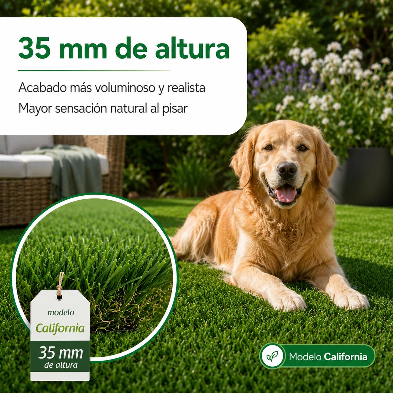 Césped Artificial Premium 35mm, Rollo 2x5m Modelo California, 18.900 Puntadas, 6.700Dtex. Máximo Realismo, Alta Densidad, Ideal para Exteriores, Piscinas, Terrazas y Jardín