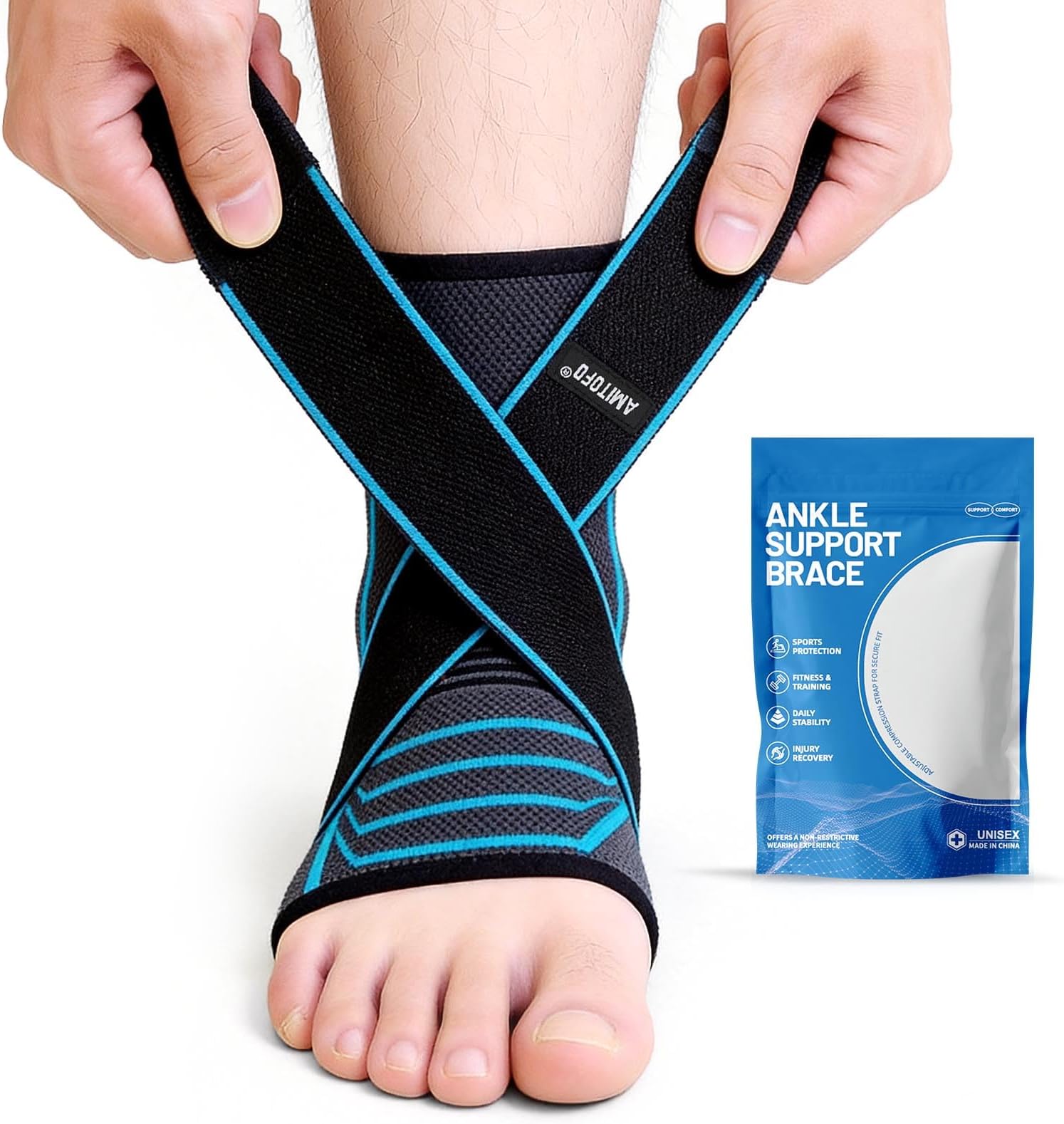 Ankle Brace Foot Support: Plantar Fasciitis and Achilles Tendonitis Relief, Heel Support for Men and Women with Strap for Foot Swelling and Compression (Single, Black Blue, Medium)