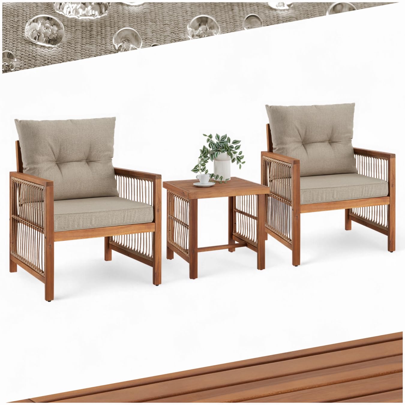 tectake® Conjunto de Terraza 3 Piezas, Sillas Jardin Exterior, Sillon jardín, Muebles de Salon, cojín XXL extraíble, Silla Ratan, Resistente al Clima, Mueble terraza - 2 Sillones 1 Mesa