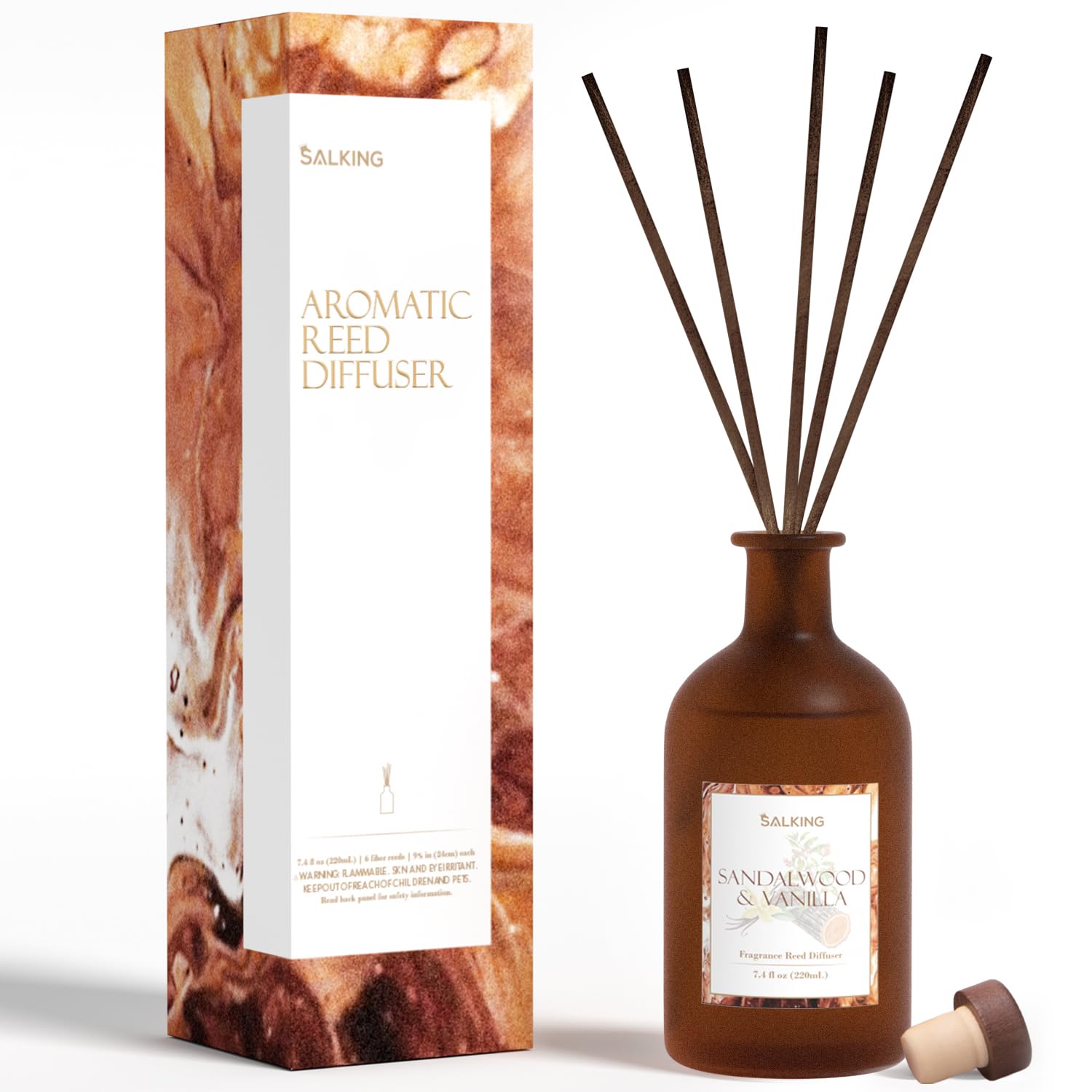 SALKING Sandalwood & Vanilla Reed Diffuser, 7.4oz Scented Diffuser with Sticks, Men's Essential Oil Diffuser for Home, Oil Diffuser Sticks Set, Home Fragrance Diffuser, Masculine Scent