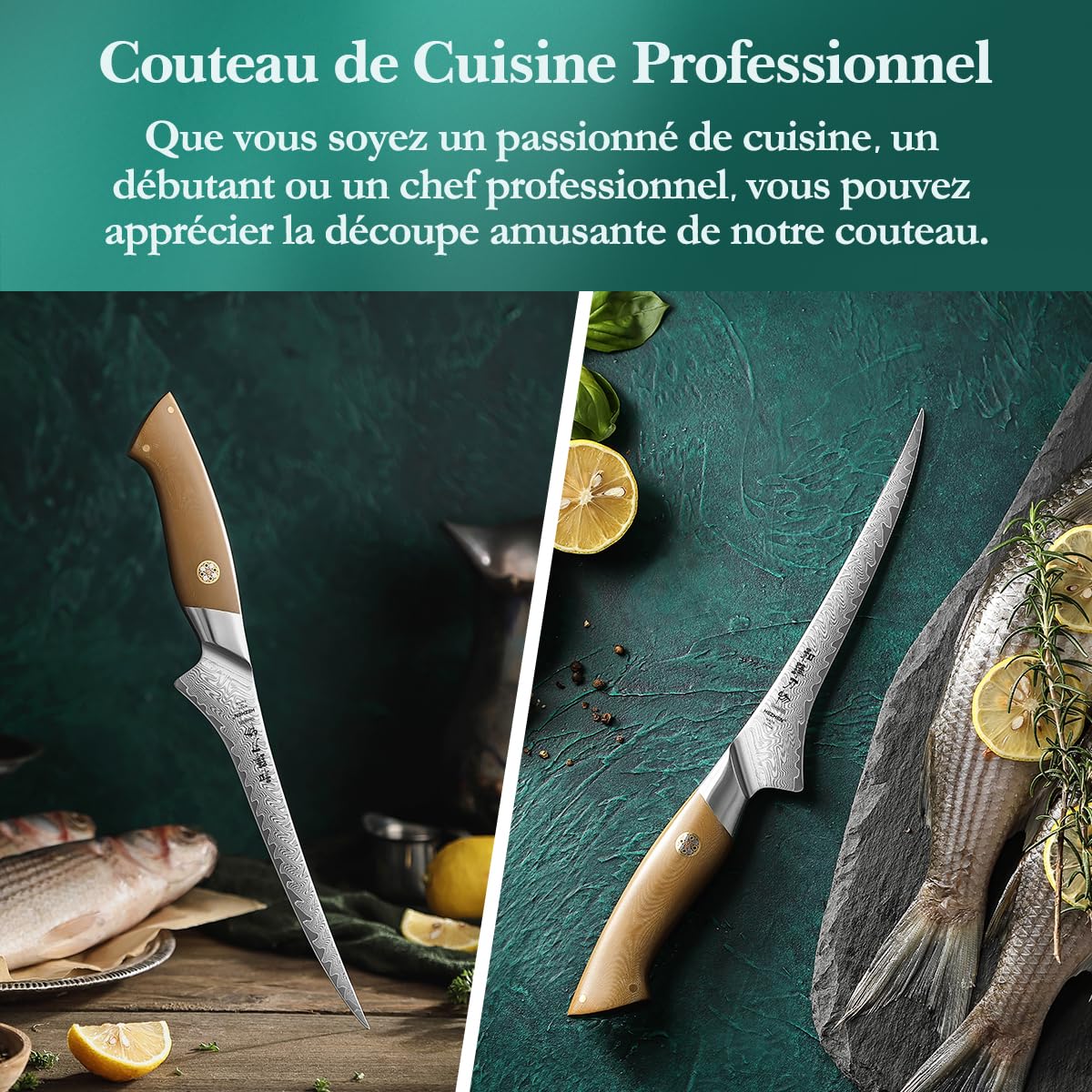 HEZHEN Couteaux à Filet,Couteau à Désosser Damas en Acier Damas 67 Couches,Couteau à Poisson Professionnel