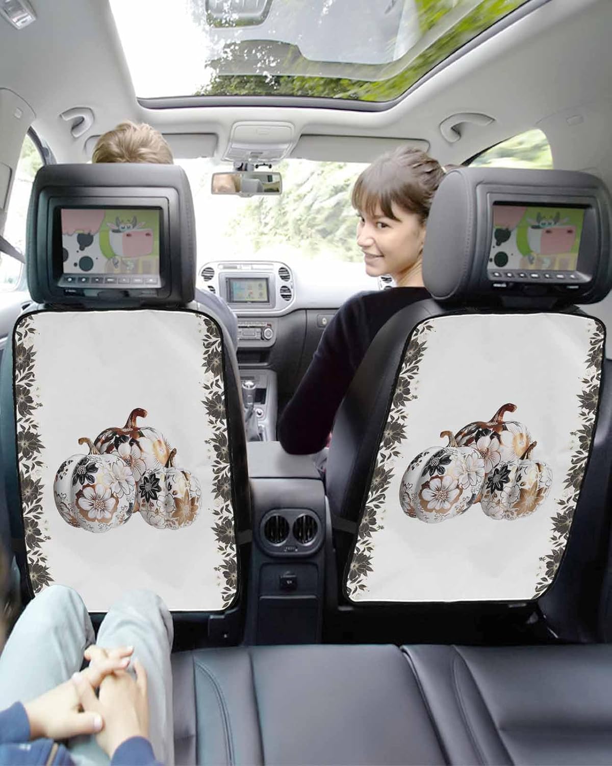 Car Seat Protector, 2 Pack Kick Mats Back Seat Protector Fall Thanksgiving Pumpkin Black Floral Botanical Leaves Waterproof Backseat Cover for Kids Universal Fit Automotive Interior Protectors