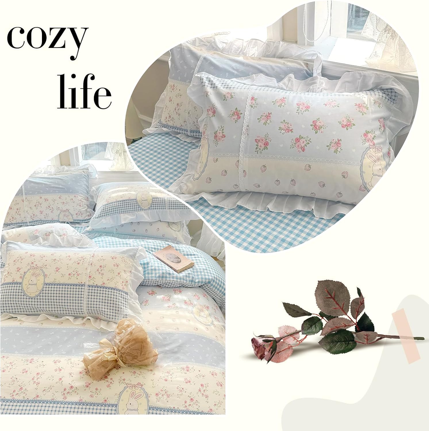 Cute White Ruffle Duvet Cover Set Queen Size Reversible Blue Floral Plaid Comforter Cover with 2 Pillowcases 100% Cotton Romantic Kawaii Bedding Set with Zipper Closure, Queen 90 * 90”