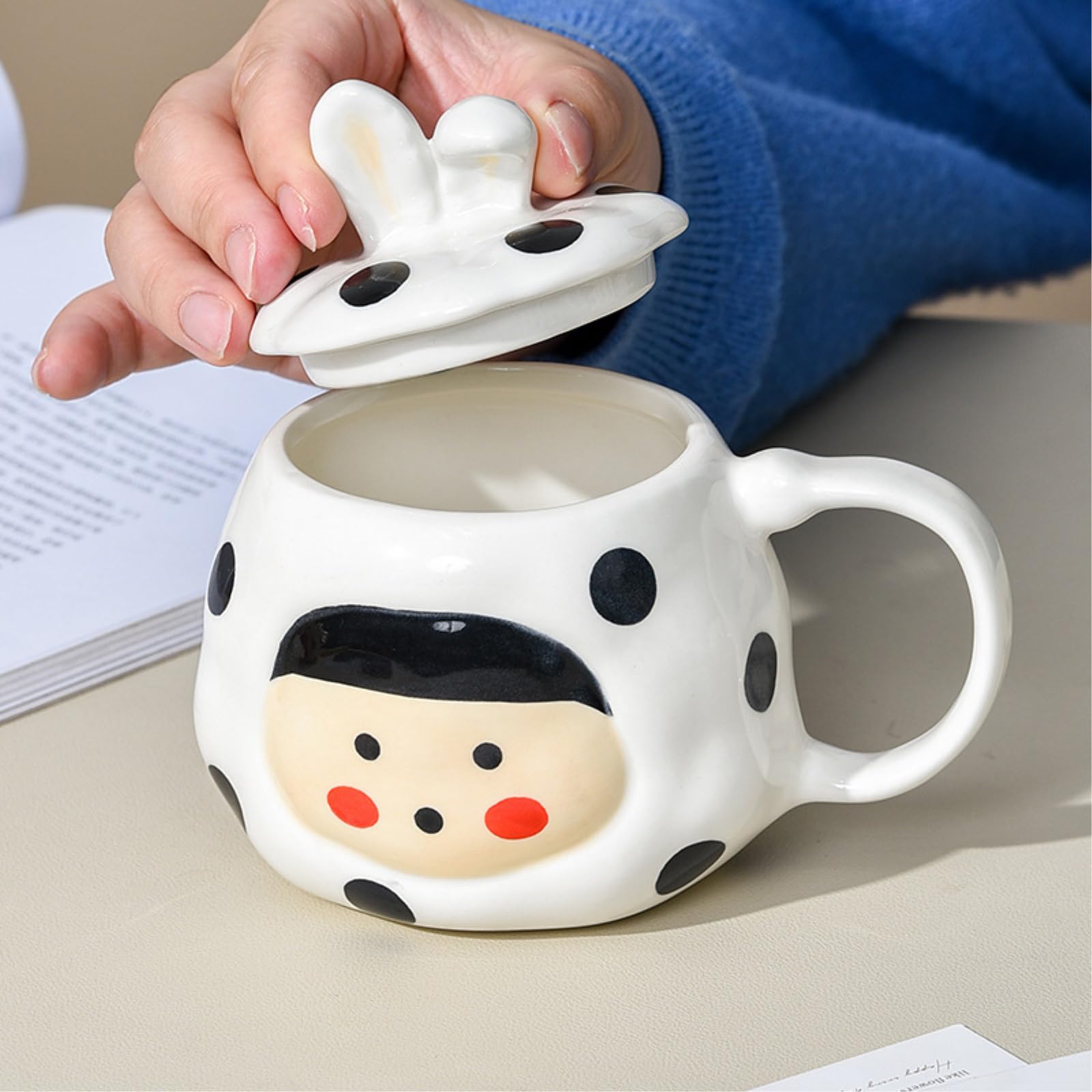 Taza creativa de cerámica con tapa, 500 ml, color negro, 500 ml