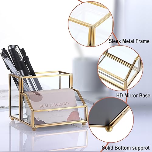 Miniatura 2 de Hipiwe Soporte de cristal para tarjetas de visita con organizador de bolígrafoslápices, soporte dorado para tarjetas de presentación para encimera