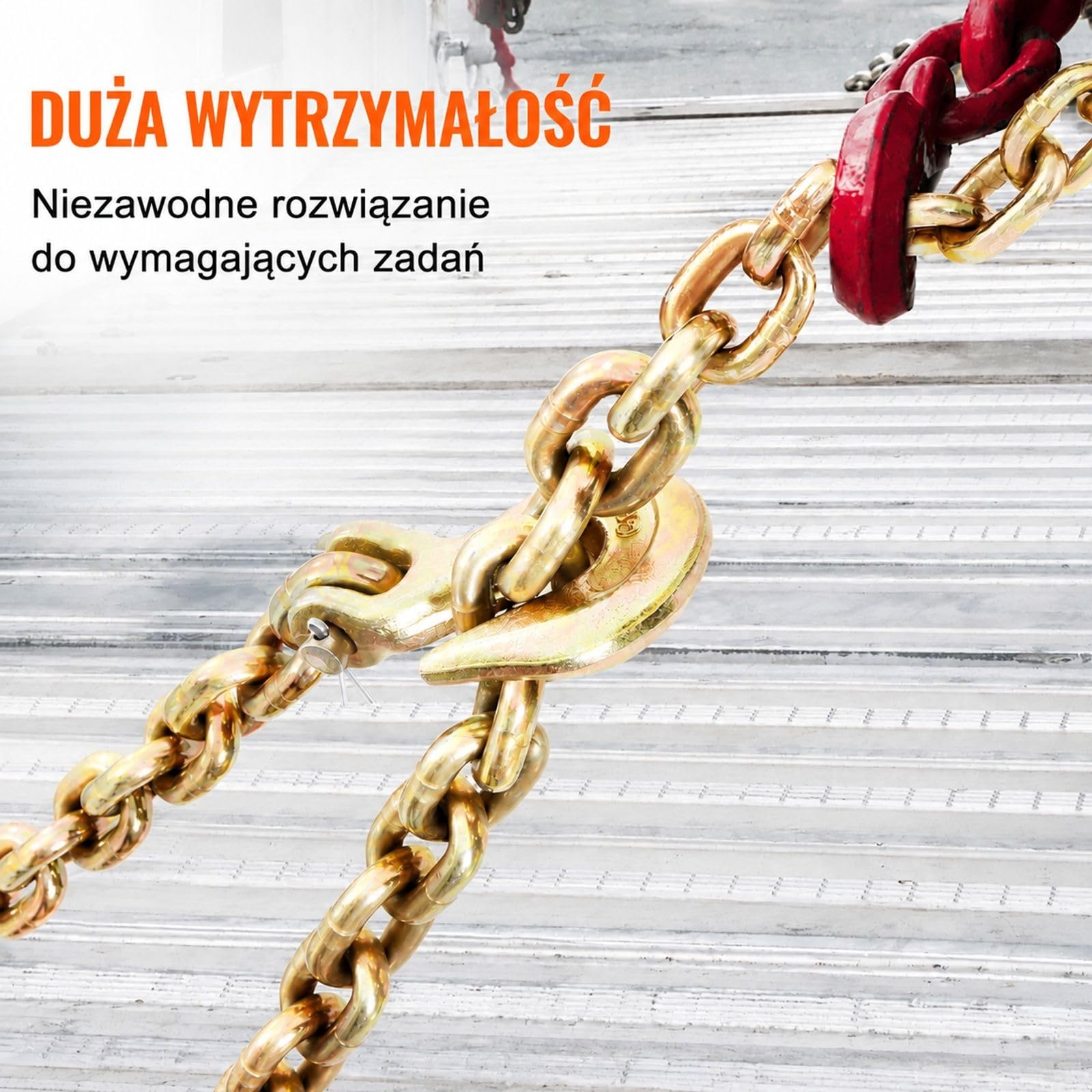 Łańcuch transportowy z hakami chwytającymi, stal manganowa, ocynkowana i malowana powierzchnia, do załadunku, holowania, wiązania oraz leśnictwa