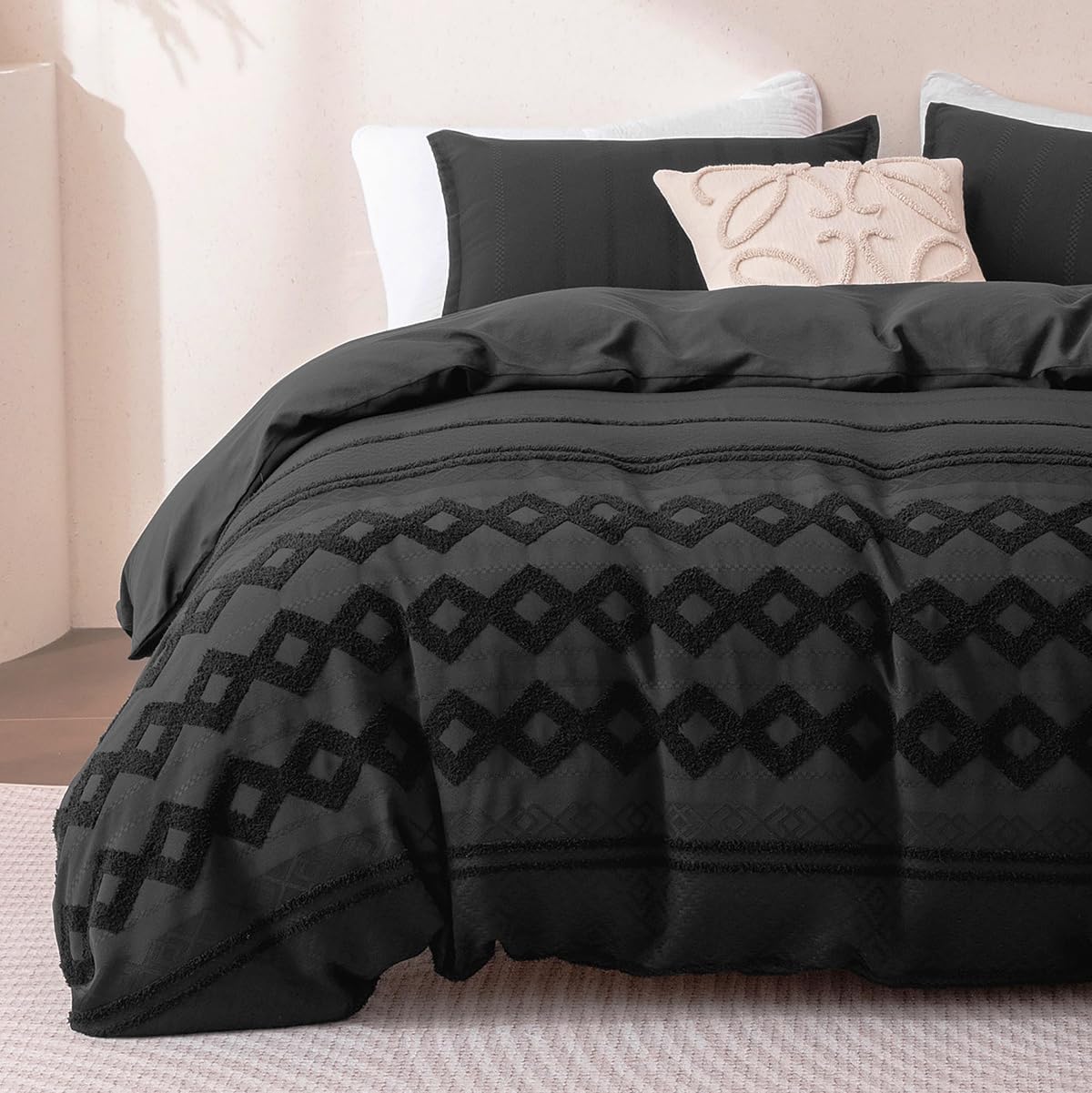 SLEEP ZONE Duvet Cover Set King, Luxury Jacquard Boho Diamond Soft and Breathable 3 Pcs Comfy Bedding Set Duvet Cover with Zipper Closure and 2 Pillow Shams, Black