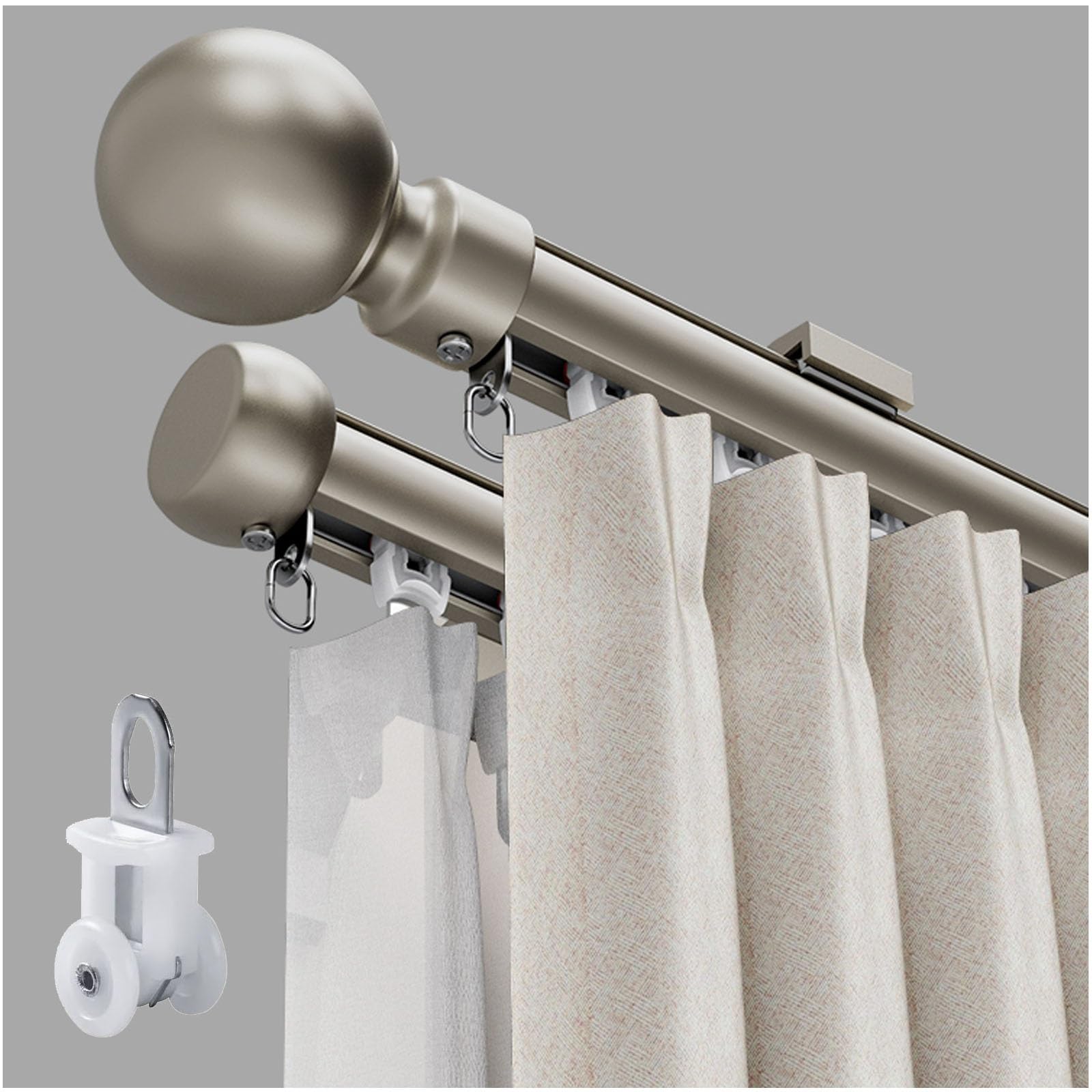 WQPMNYG Heavy Duty Aluminum Double Curtain Rod - Silent Sliding Rail Track 340cm for Windows Drapes Room Dividers - Ideal for Living Room Bedroom Hotel (Champagne Finish)