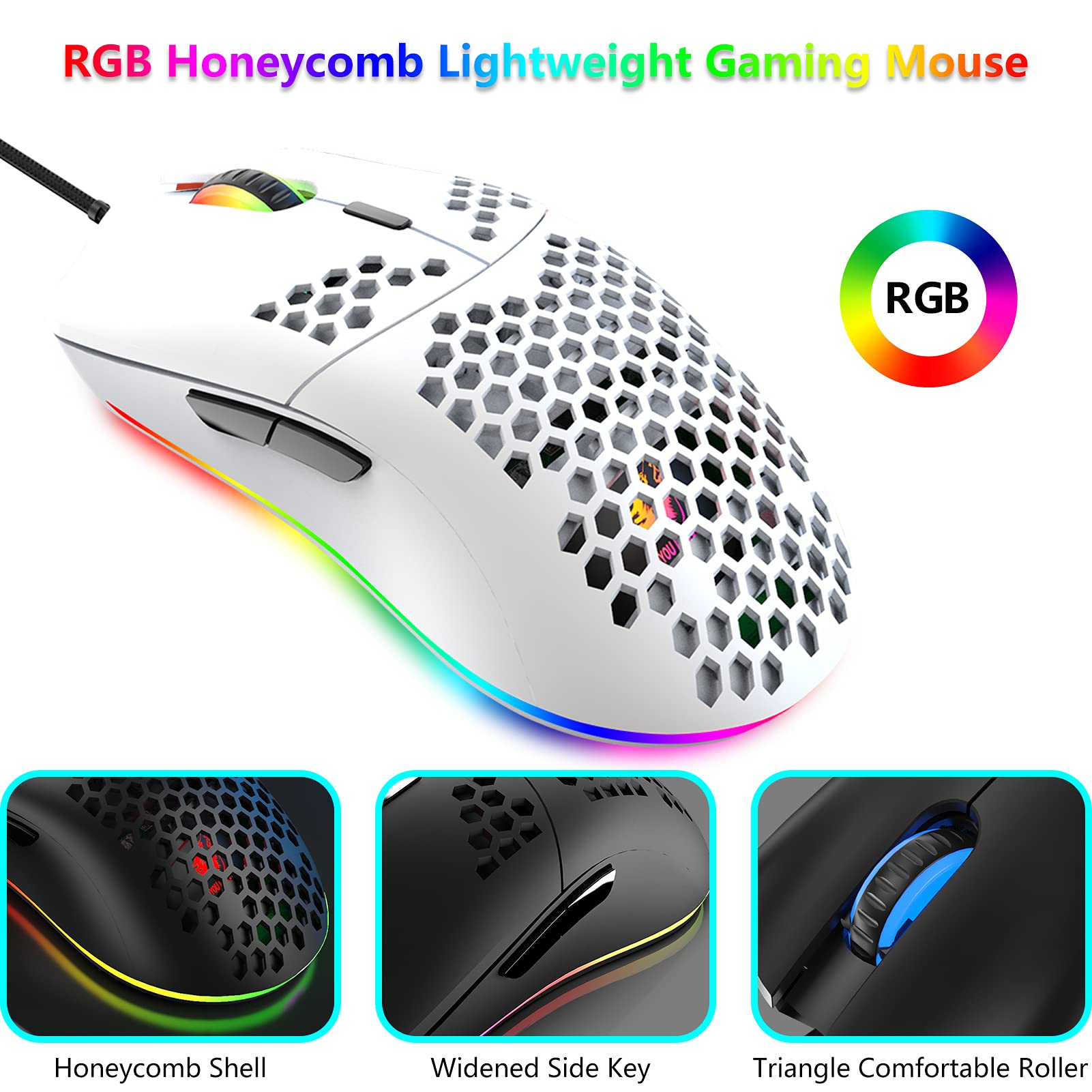 Tastiera e Mouse RGB Gaming Cablate, 68 Tasti Switch Blu 60% Mini Tastiera Meccanica Chroma, Topo Ottico Leggero Favo da 6400 DPI, Cavo da USB a Tipo C, Compatibile con Windows Mac PS4 XBox, Bianca