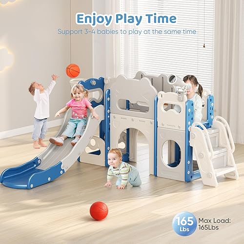 Miniatura 6 de Lischwert Tobogán infantil con escalador, juego de patio interior para niños pequeños, juego al aire libre con aro de baloncesto, túnel y espacio de