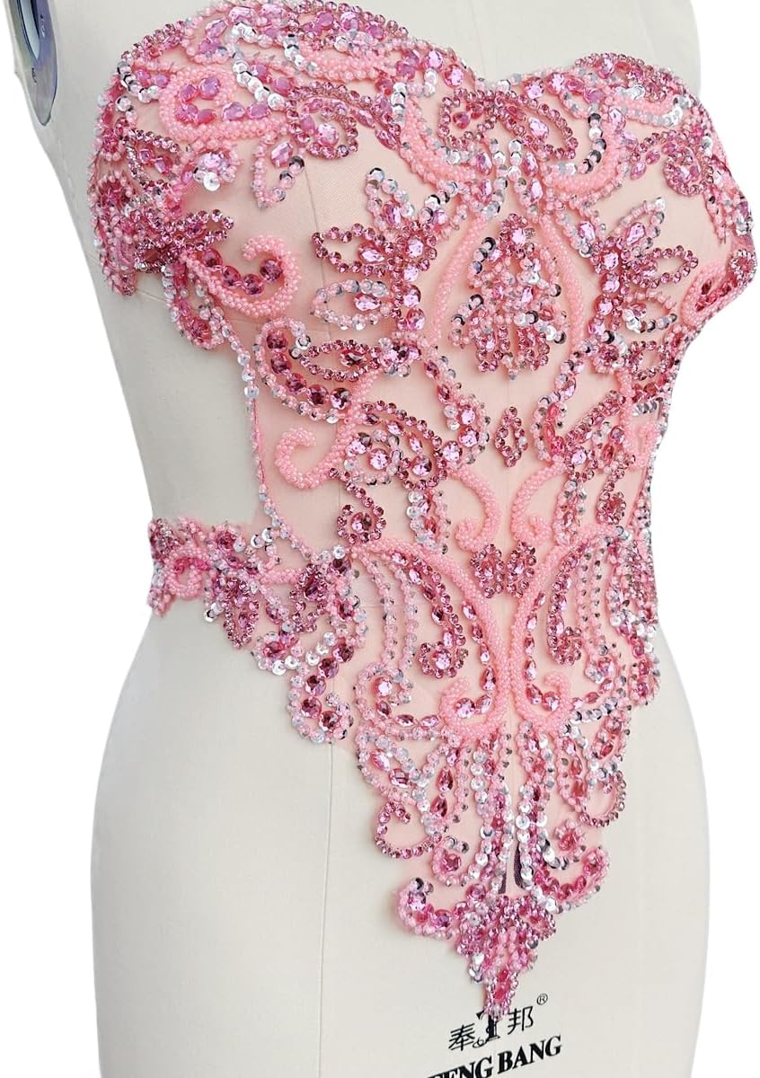 PLune Pure Hand Sewing Beads Appliques sew on Rhinestones Sequins Crystals Trim Patches for Wedding Dresses DIY Accessories 18X19in (Pink)