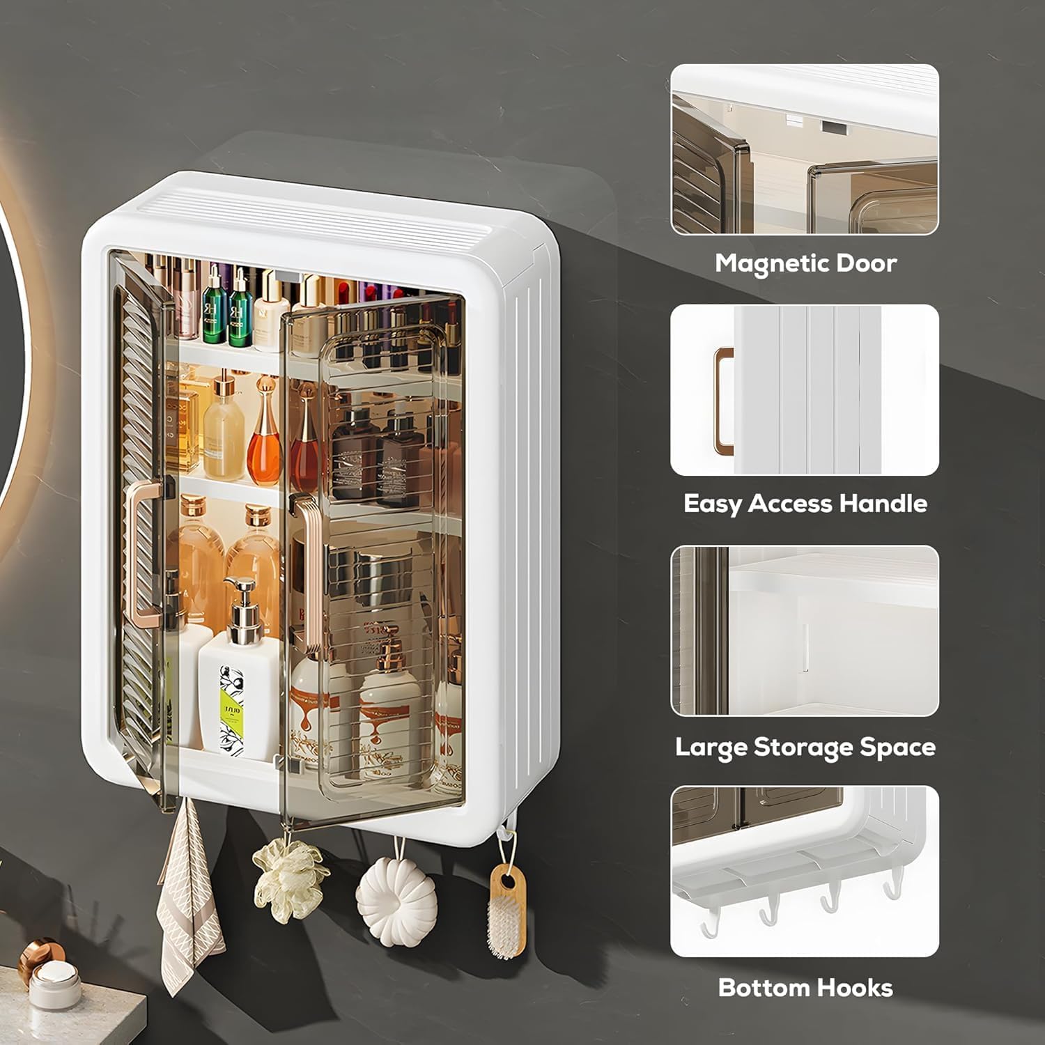Bathroom Organiser Without Drill Plastic Wall Mounted Storage Cabinet for Kitchen and Bathroom Organizer with Magic Stickers Adjustable Shelves & Door| Organiser for, Essentials, Makeup(1pc) 2