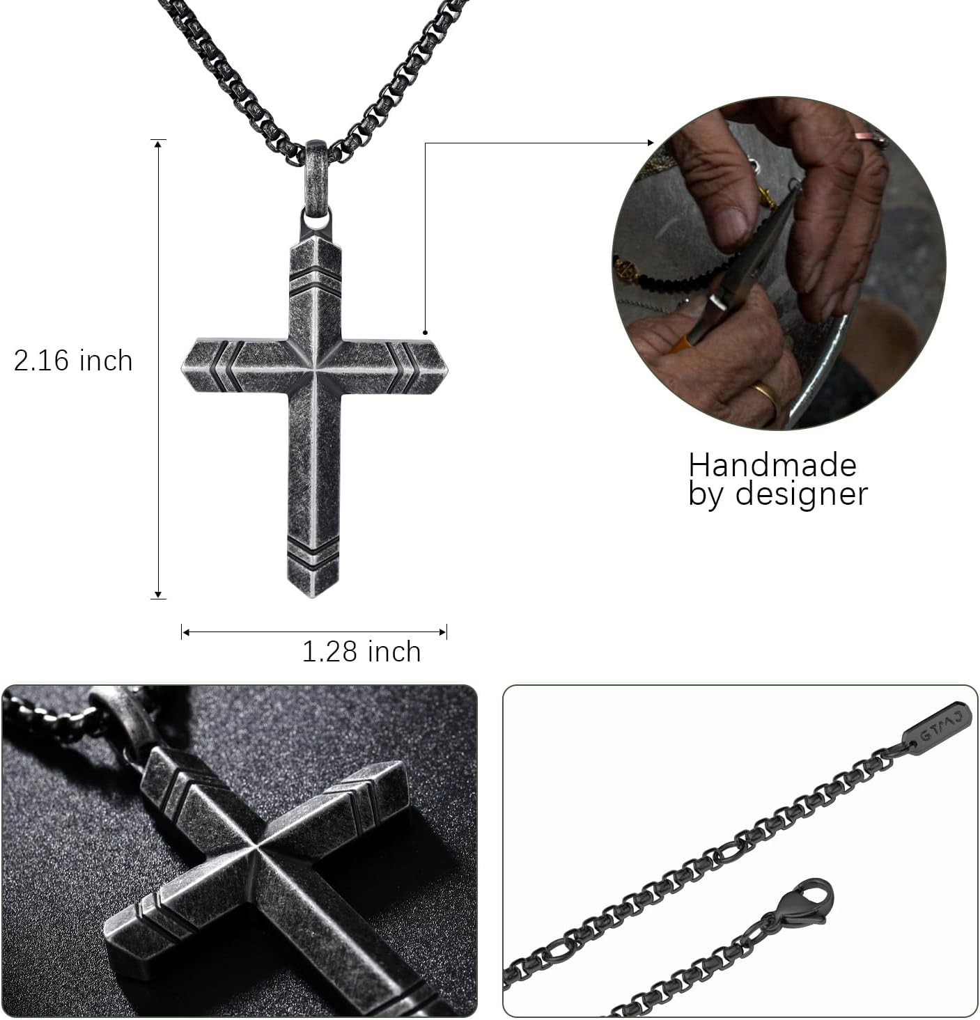 Cross Necklace for Men -Stainless Steel & Wood Adjustable Box Chain 24-26in, Spiritual Jewelry Gift for Him, Everyday Wear - Image 3
