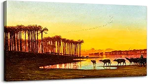 crmotu Landscape Wall Art, Sunrise Wall Art, Large Wall Decor, Dawn on the Nile Vintage Wall Decor, River Buffalo Cattle Canvas Pictures for Living Room Kitchen Hallway Rustic Farmhouse 20"X40"