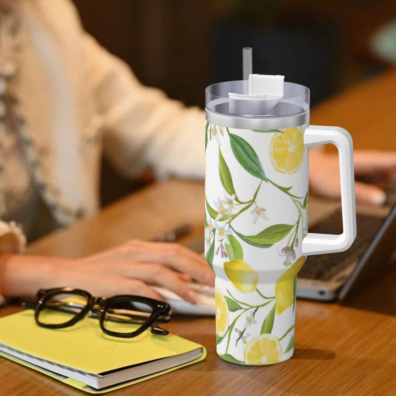 40 OZ Fresh Tropical Lemons Print Ice Bully Cup with Handle Straw Lid Straw,Stainless Steel Tumbler Coffee Cup