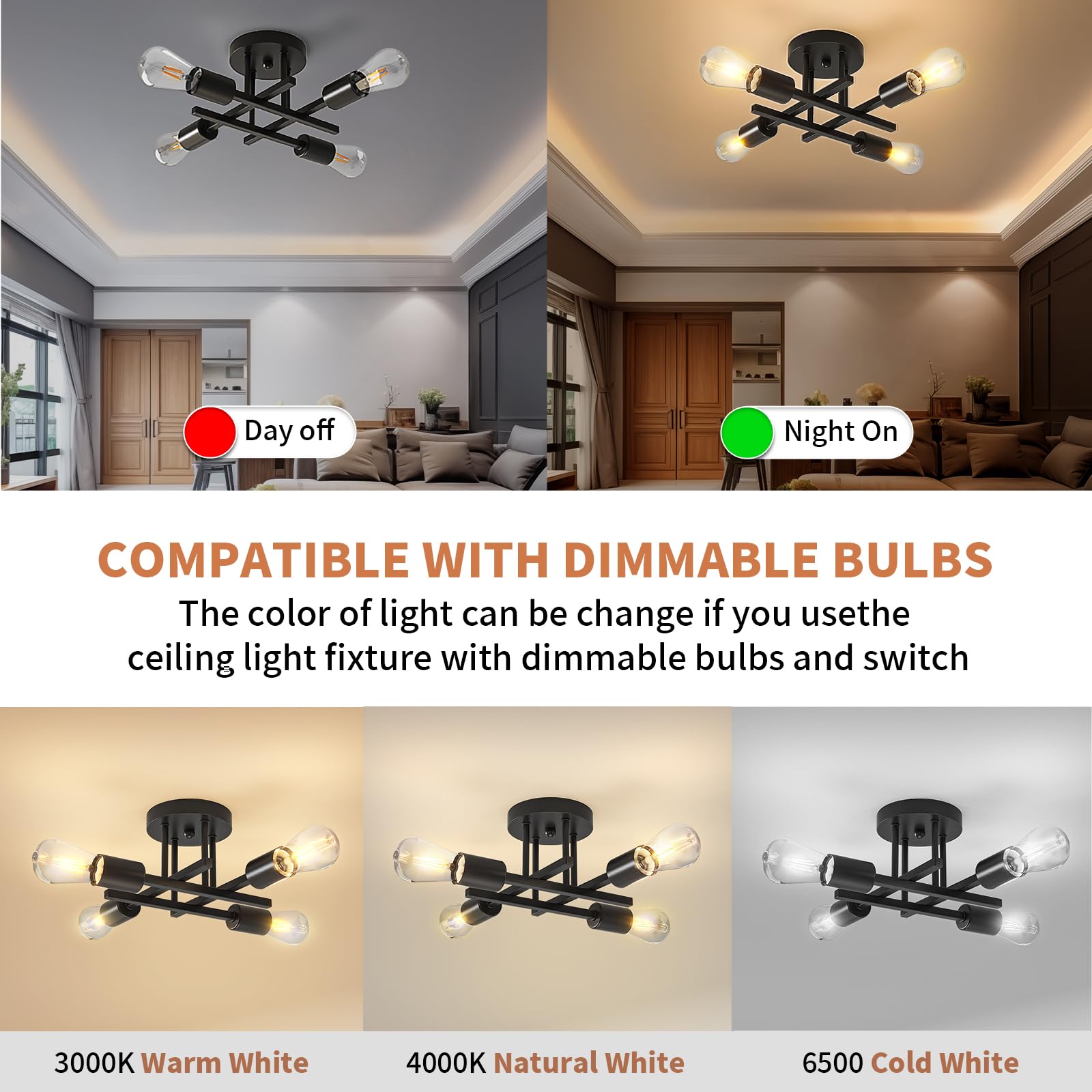 OTREN Lampada da Soffitto Vintage, 4 Fiamme Plafoniera Retrò E27 Lampadario Industriali per Soggiorno Camera da Letto Cucina Sala da Pranzo, Nero(Senza Lampadina)