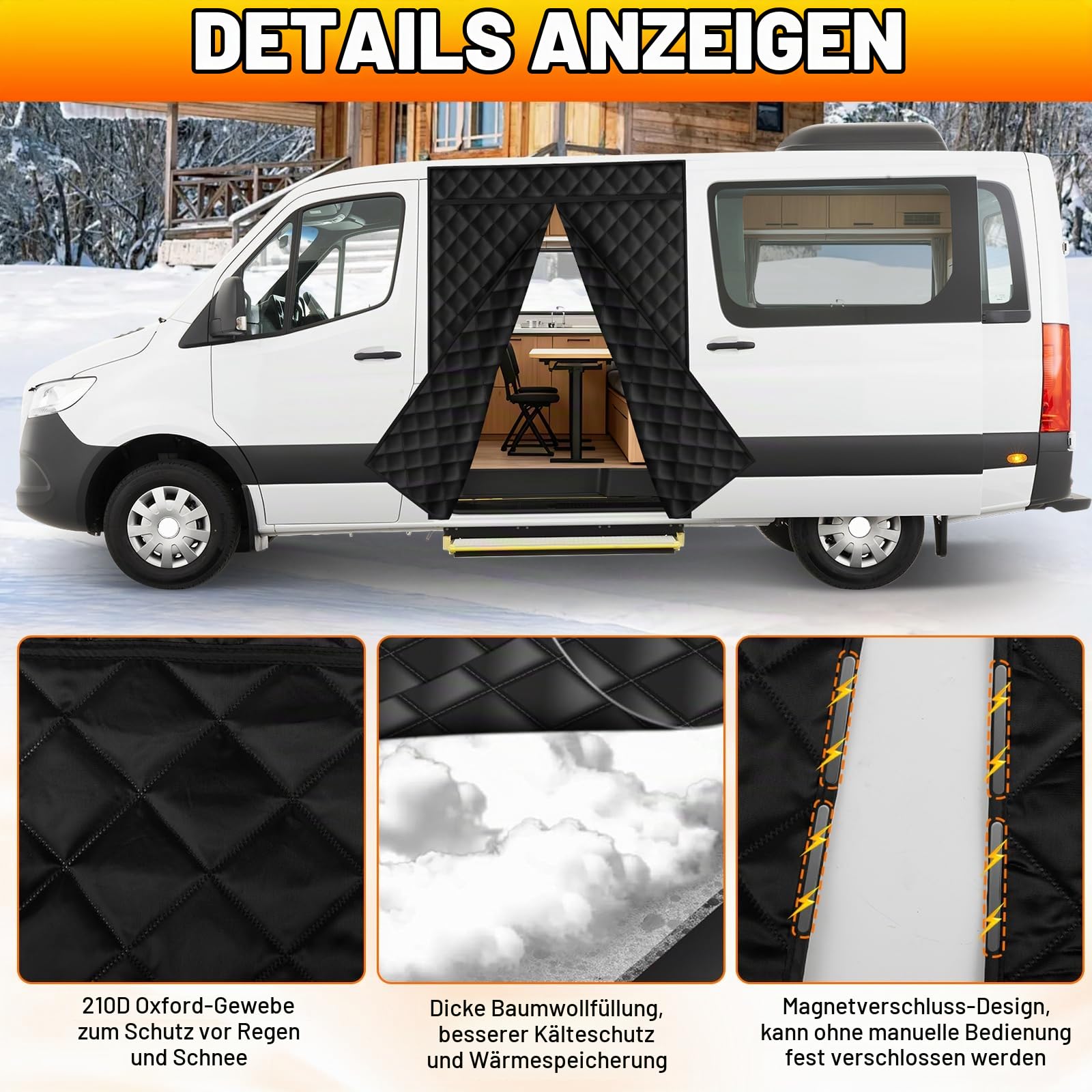 Magnetischer Thermischer Seitentür 180 * 148cm, Winddichter Schalldämmender Vorhang Thermisch Winter for Die meisten Nutzfahrzeuge, Wohnmobile, for Ducato/Crafter/Sprinter Standard Roof