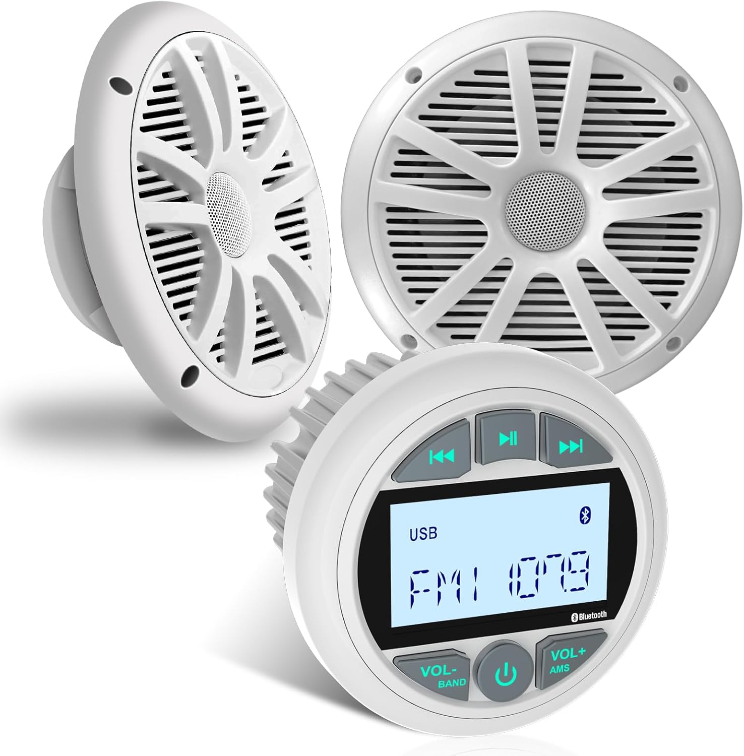 Marine Stereo with 6.5-Inch Speakers Package: Waterproof Bluetooth Boat Gauge Radio - LCD Display AUX USB MP3 Subwoofer AM FM Receiver for ATV UTV RZR Golf Cart