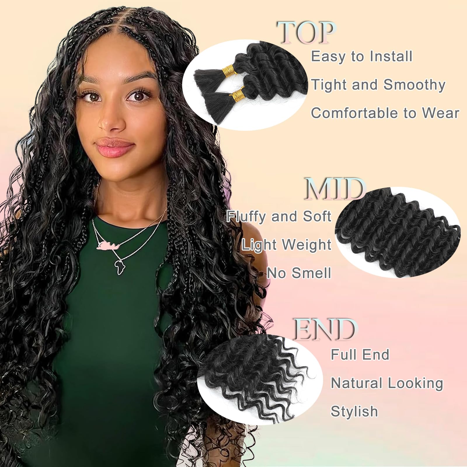Deep Wave Bulk Hair for Braiding 18 Inch No Weft Deep Wave Bundles Curly Braiding Hair Extensions for Boho Braids 2 Braids per Pack 1B Color - Image 3