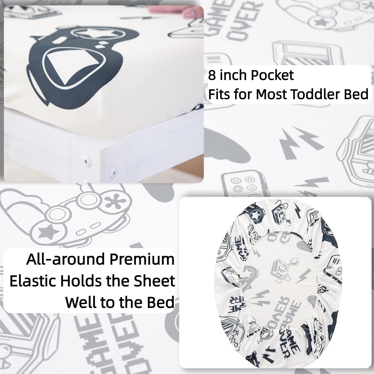 SDIII 4 Piece Gamer Toddler Bedding Set, Soft Microfiber Gaming Toddler Bedding Sets for Boys with Comforter, Fitted Sheet, Flat Sheet and Pillowcase image 3