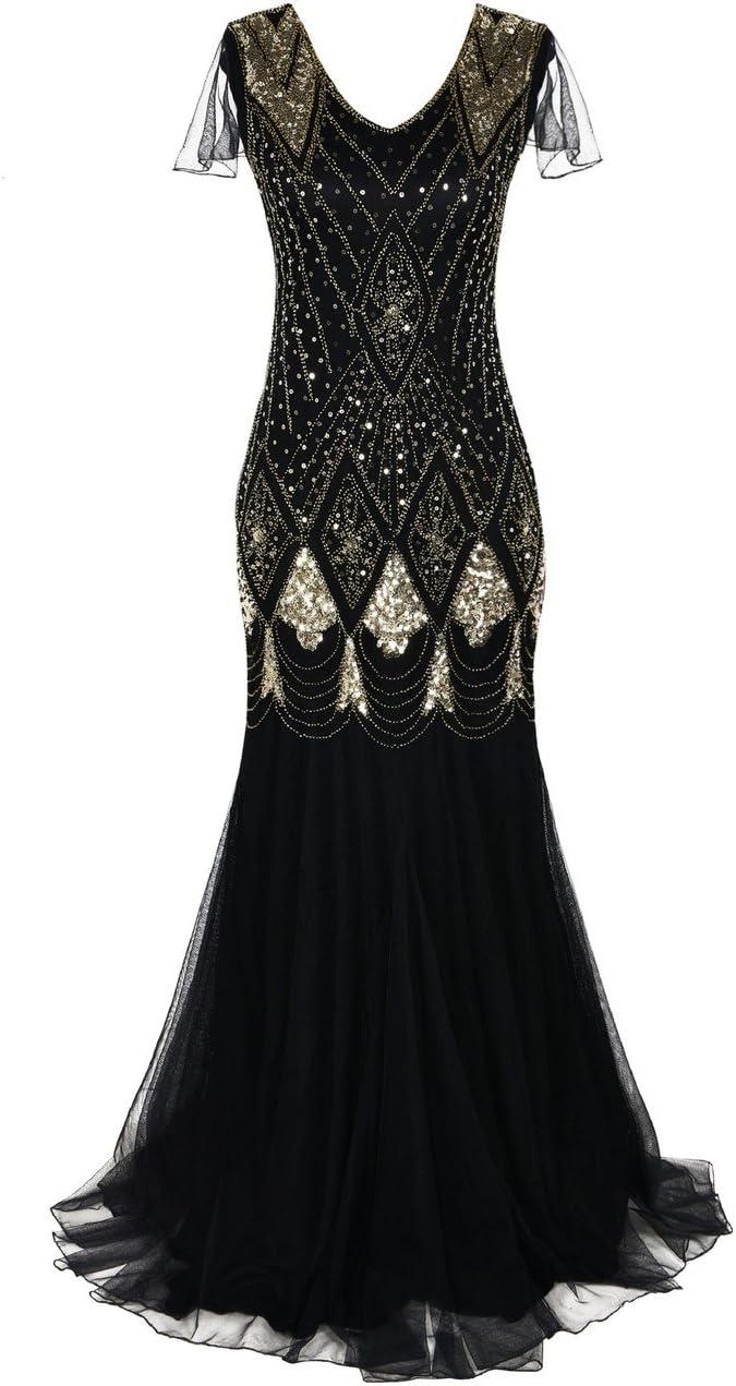 kayamiya Women 1920s Sequin Formal Evening Dress Art Deco Beaded Long Prom Gown with Sleeve