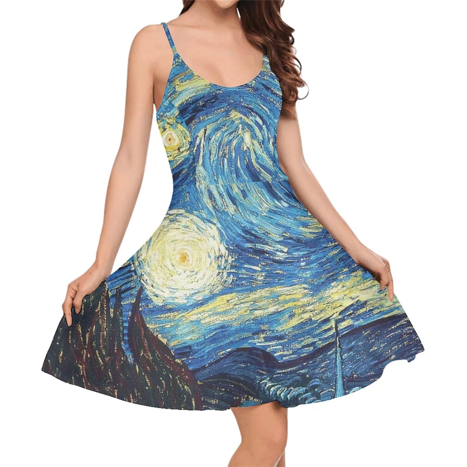 Women's Spaghetti Strap Dress Summer Casual Swing Sundress Girls Beachwear Swing Mini Dress