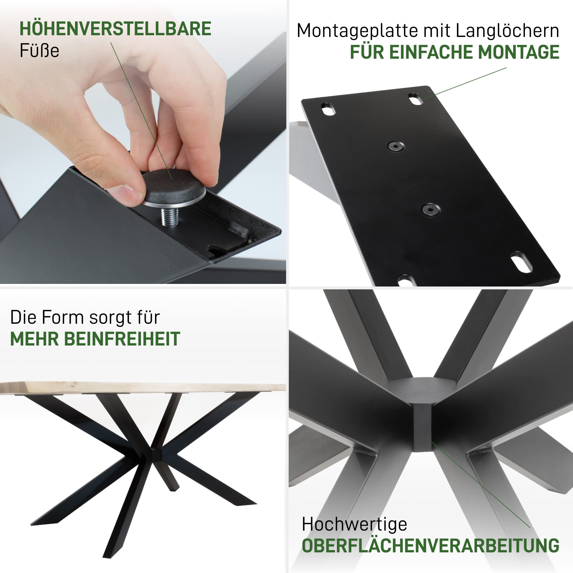 Natural Goods Berlin 1x Tischgestell Kreuz Design Schwerlast Kreuzgestell Massive Stahl Tischkufen Metall Tischbeine Schreibtisch Esstisch Konferenztisch DIY (H71 x B78 x L140 cm (Esstisch), Schwarz)