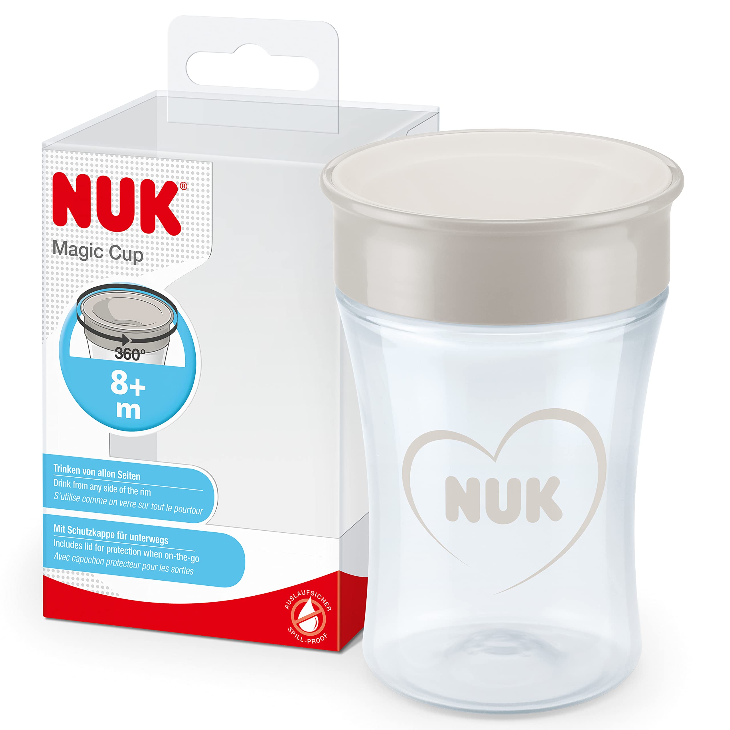 NUK Magic Cup Bicchiere antigoccia | Bordo anti-rovesciamento a 360° | 8+ mesi | Senza BPA | 230 ml | Bianco (cuori)