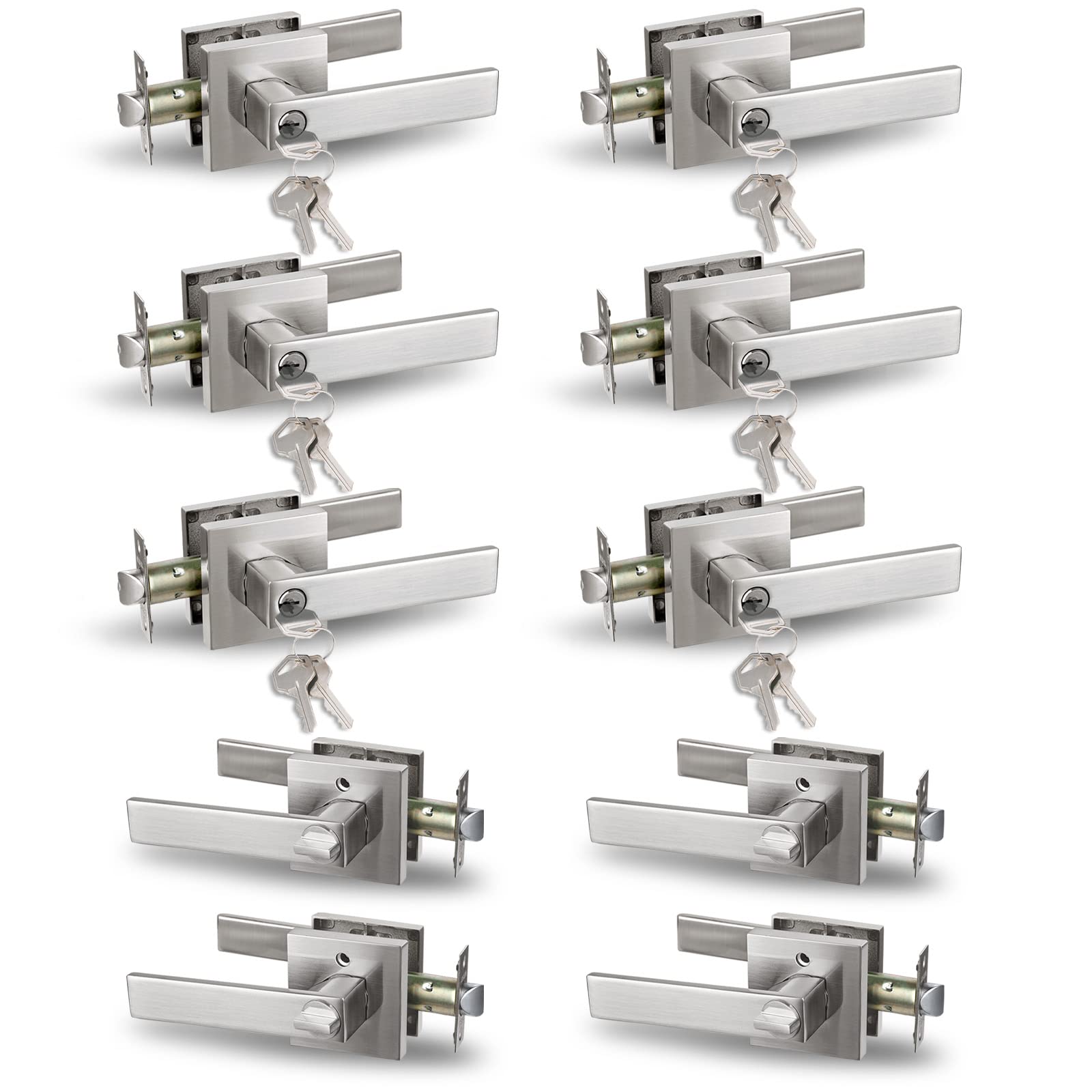 NEWBANG HARDWARE10 Pack Square Heavy Duty Keyed Entry Door Lever in Brushed Nickel Finish,USHTL01-SN-ET-10P