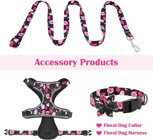 Miniatura 7 de Correa de perro negra con diseño floral para cachorros, perros de raza pequeña, correa de perro de 4 pies