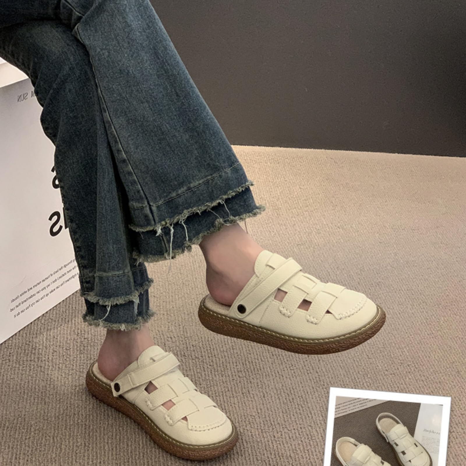 Zoccoli Sanitari Donna 2-Way Cave Pu Mule Slides, Chiuso Toe 3cm Sandali di Piattaforma in Gomma con Fodera per L'indossamento Giornaliero Estivo-beige-35