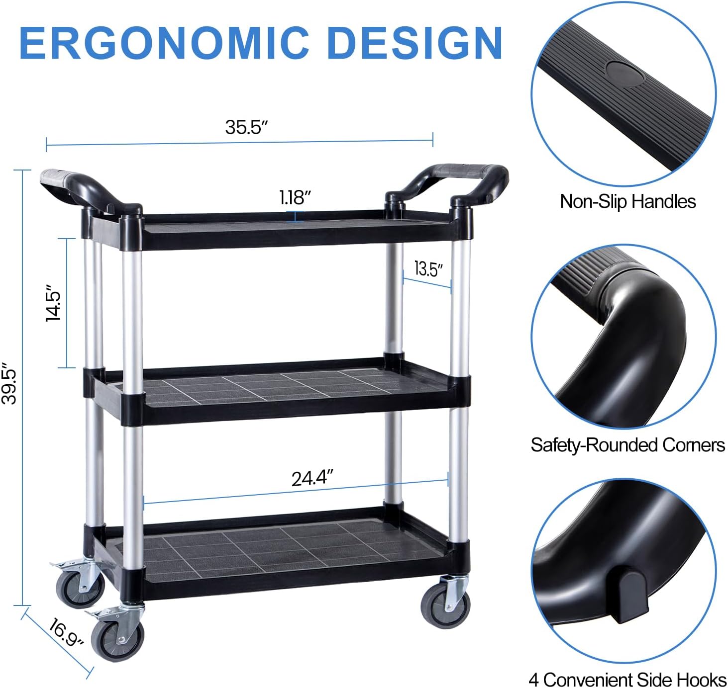 Rolling Utility Carts with Wheels Heavy Duty,3 Tier Rolling Cart with Wheels,510 LBS Food Service Cart with Rubber Mallet and Pad for Restaurant Kitchen Warehouse Office,35.5" x 16.9" x 39.5"(Black)