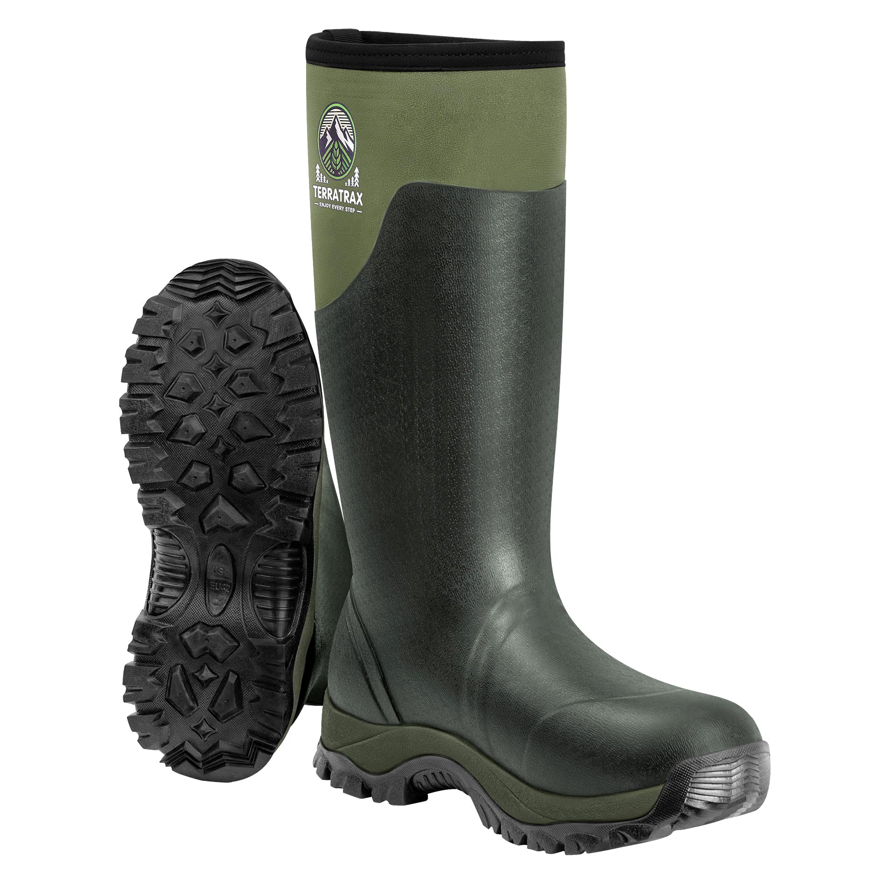 TerraTrax Men's Waterproof Insulated Rubber Hunting Boots – 6mm Neoprene Rain Boots for Outdoor Work, Fishing, Farming & Gardening Green Size 13