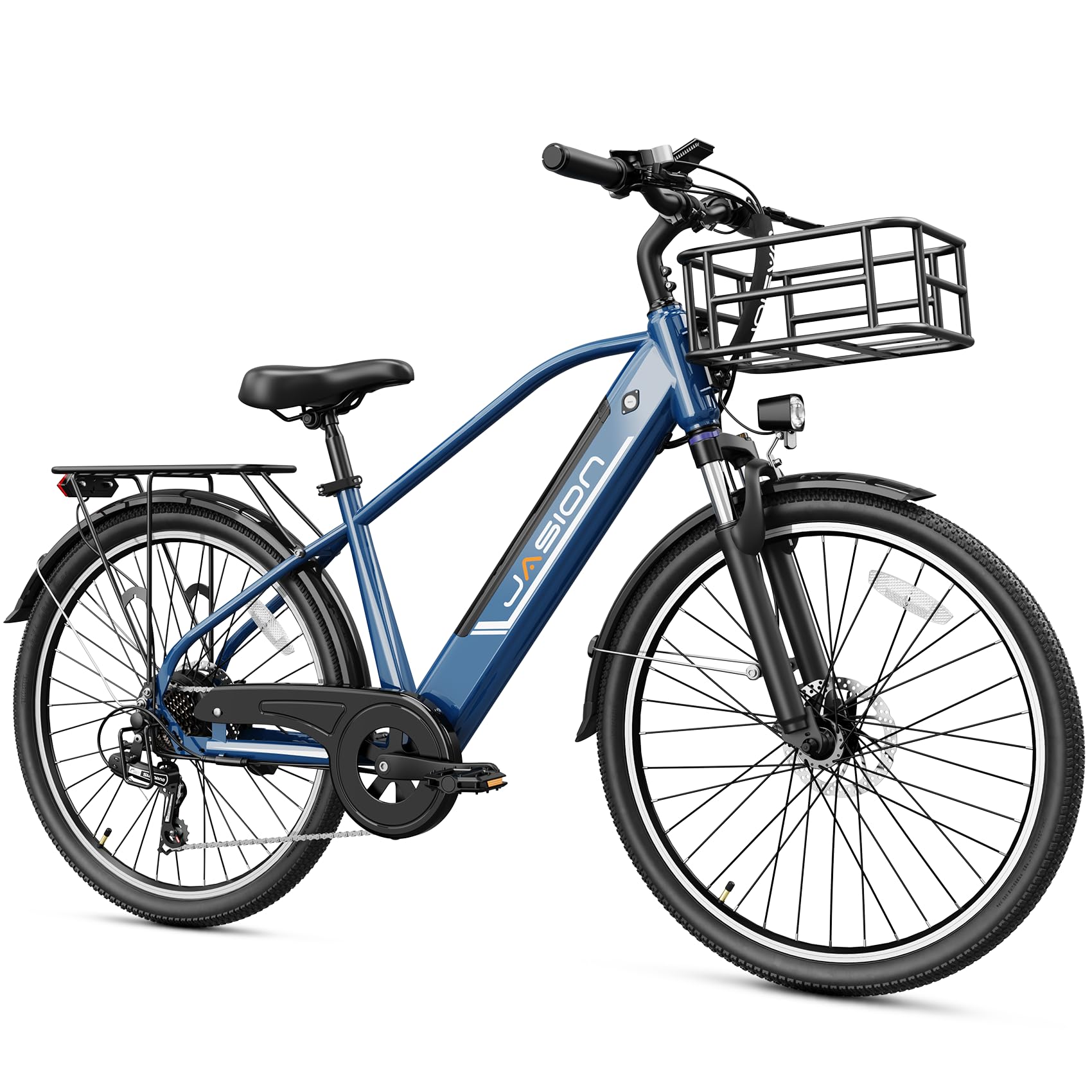 Jasion Roamer Electric Bike for Adults,1200W Peak Motor,28 MPH Max Speed,528WH Removable Battery Ebike,7-Speed Bicycle and Front Suspension,26'' Commuter E Bike,Blue,with Front Basket