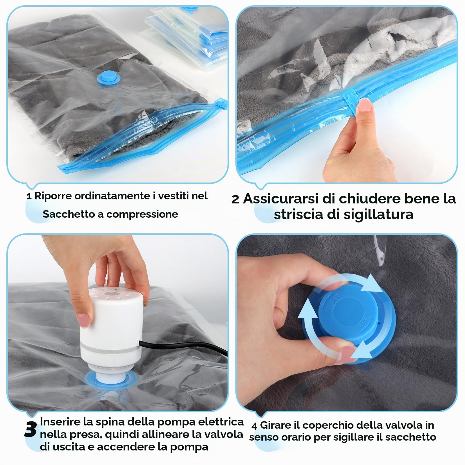 JOPHEK Vestito - Borsa sottovuoto per aspirapolvere, pompa USB, per riporre vestiti, piumini, biancheria da letto, 1XL+2L+2M+2S