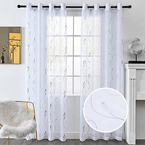 youleyar Cortinas transparentes de gasa con estampado de lámina plateada, cortinas de mimbre con ojales en la parte superior de 84 pulgadas de