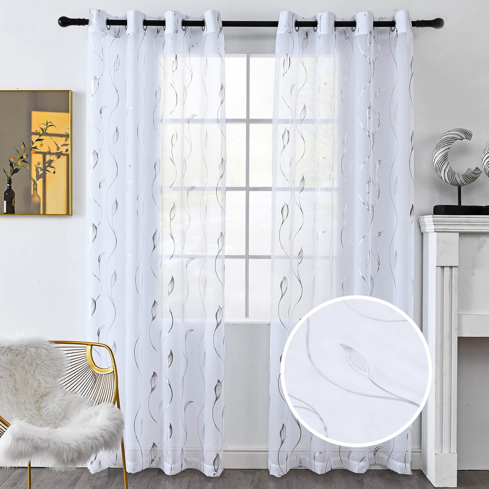 Youleyar Silver Foil Wicker Grommet Top Voile Sheer Curtains, 52W x 96L, 2 Panels