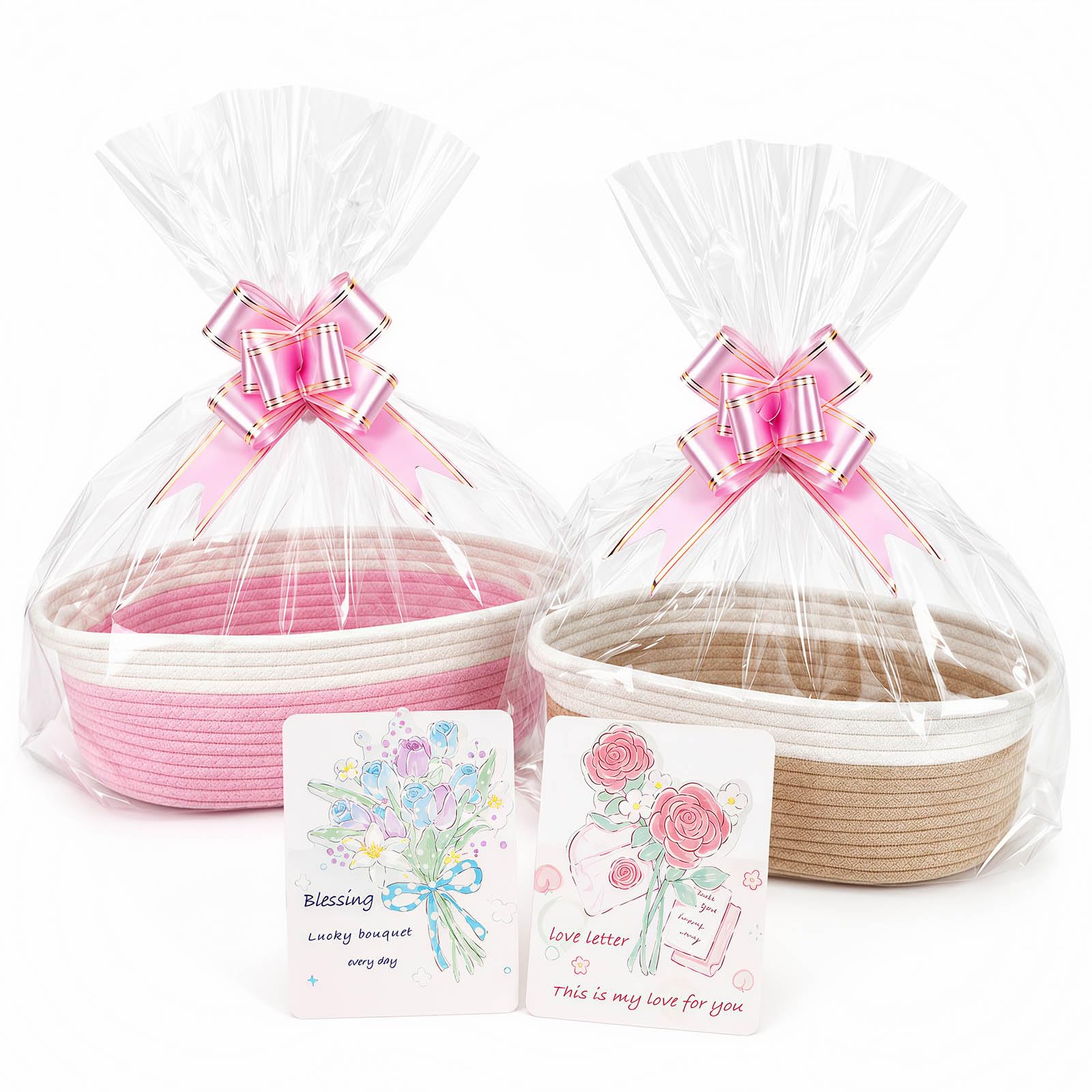 2 Pcs Gift Basket Hamper Kit, 30 x 20 x 12 cm Small Woven Basket, Gift Basket Empty with Handle 2 Cellophane Bags and 2 Pull Bows for Gifts Empty Weddings Parties and Birthdays (Pink & Khaki)