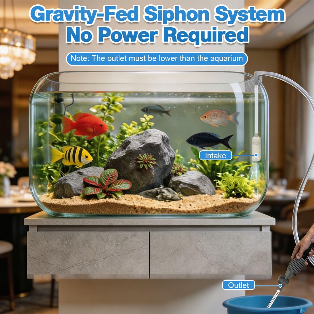 Aspirateur Aquarium, 1.7m Nettoyage Aquarium, Pompe Nettoyage Aquarium avec Règulation du Débit pour Vidange Complète, Siphon A-quarium pour Nettoyage, changements et Nettoyage du Sable (Gris)