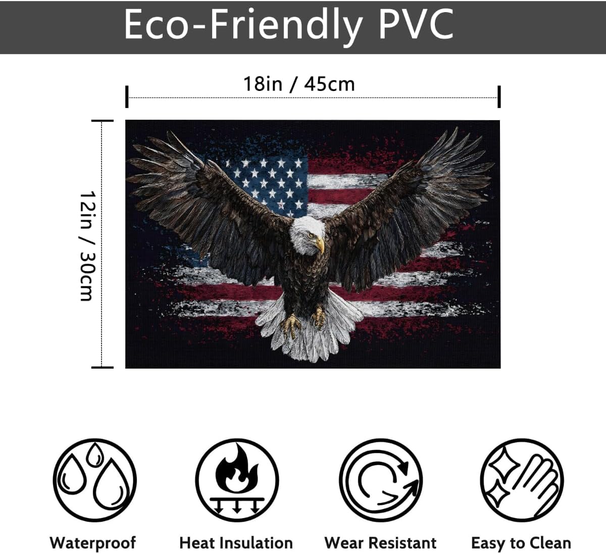 American Flag Black Eagles Placemats Set of 4 PVC Vinyl Non Slip Table Mats Heat Resistant Place Mats Washable Wipeable Dining Table Mat for Kitchen Decor Party Indoor Outdoor Decorative Gift