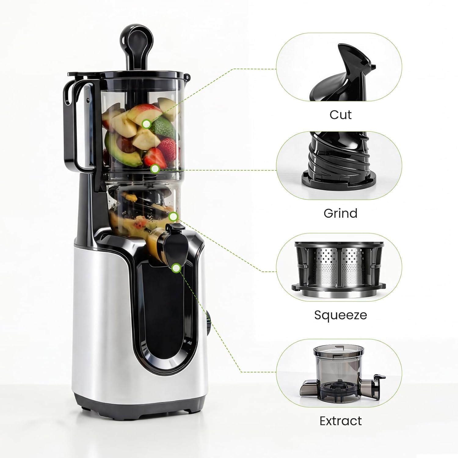 Slow Masticating Juicer, 200W Cold Press Juicer Machine with Safety Lock & Reverse Function, Juice Extractor for Fruits & Vegetables, Easy Clean, Silver